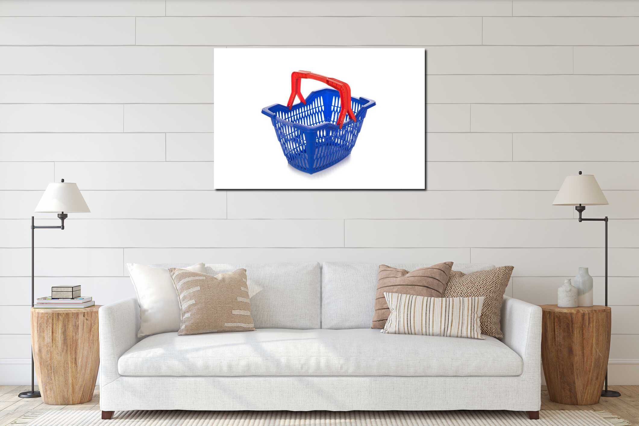 Blue empty shopping basket on white background interior mockup