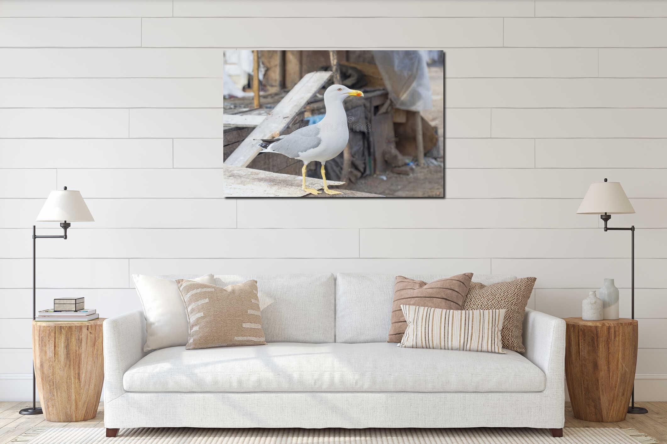 Seagull in fishing village interior mockup