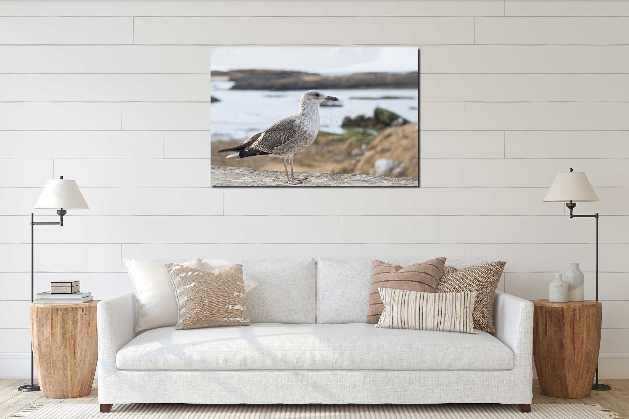 Seagull in fishing interior mockup