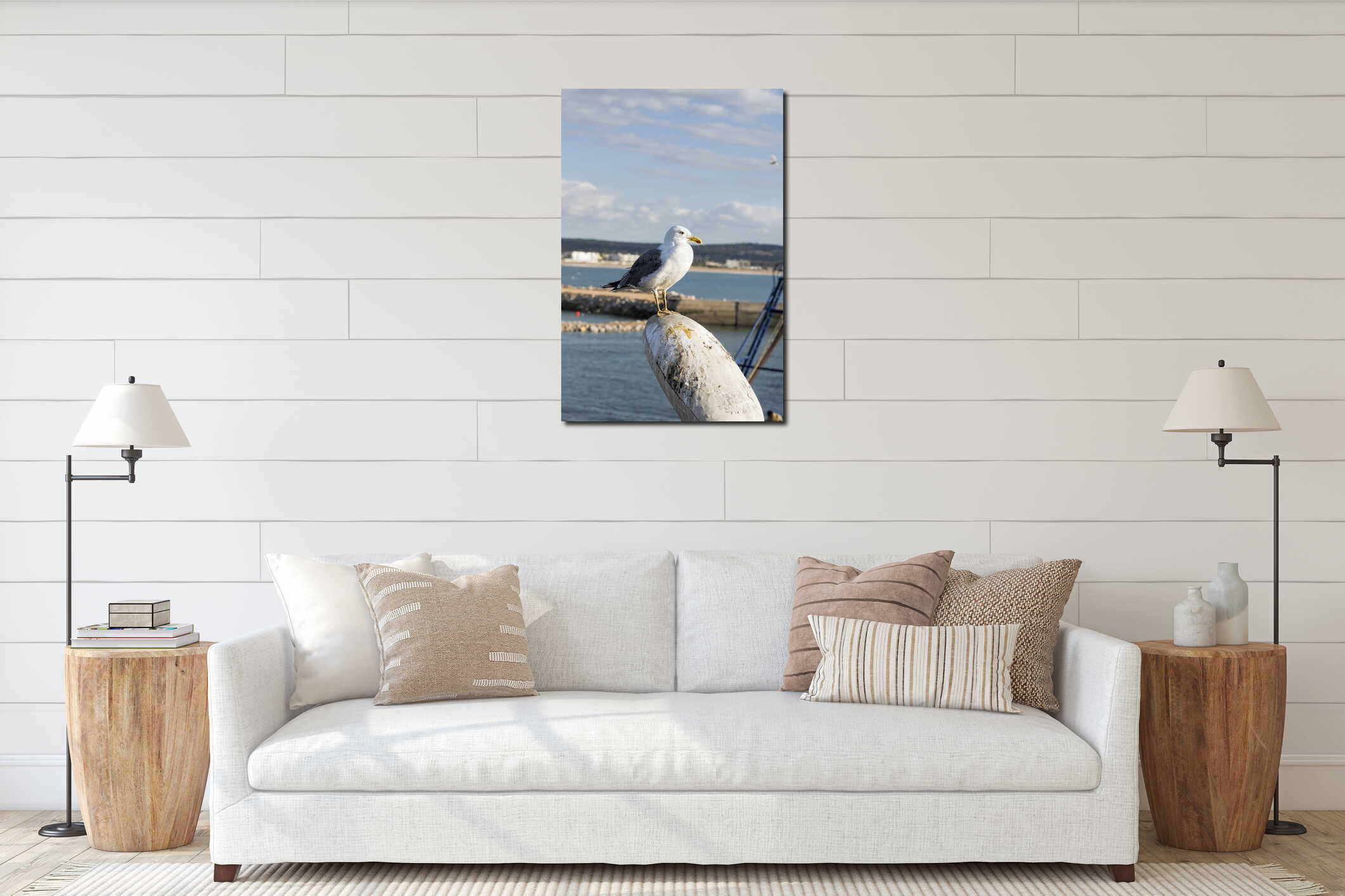 Seagull in fishing interior mockup