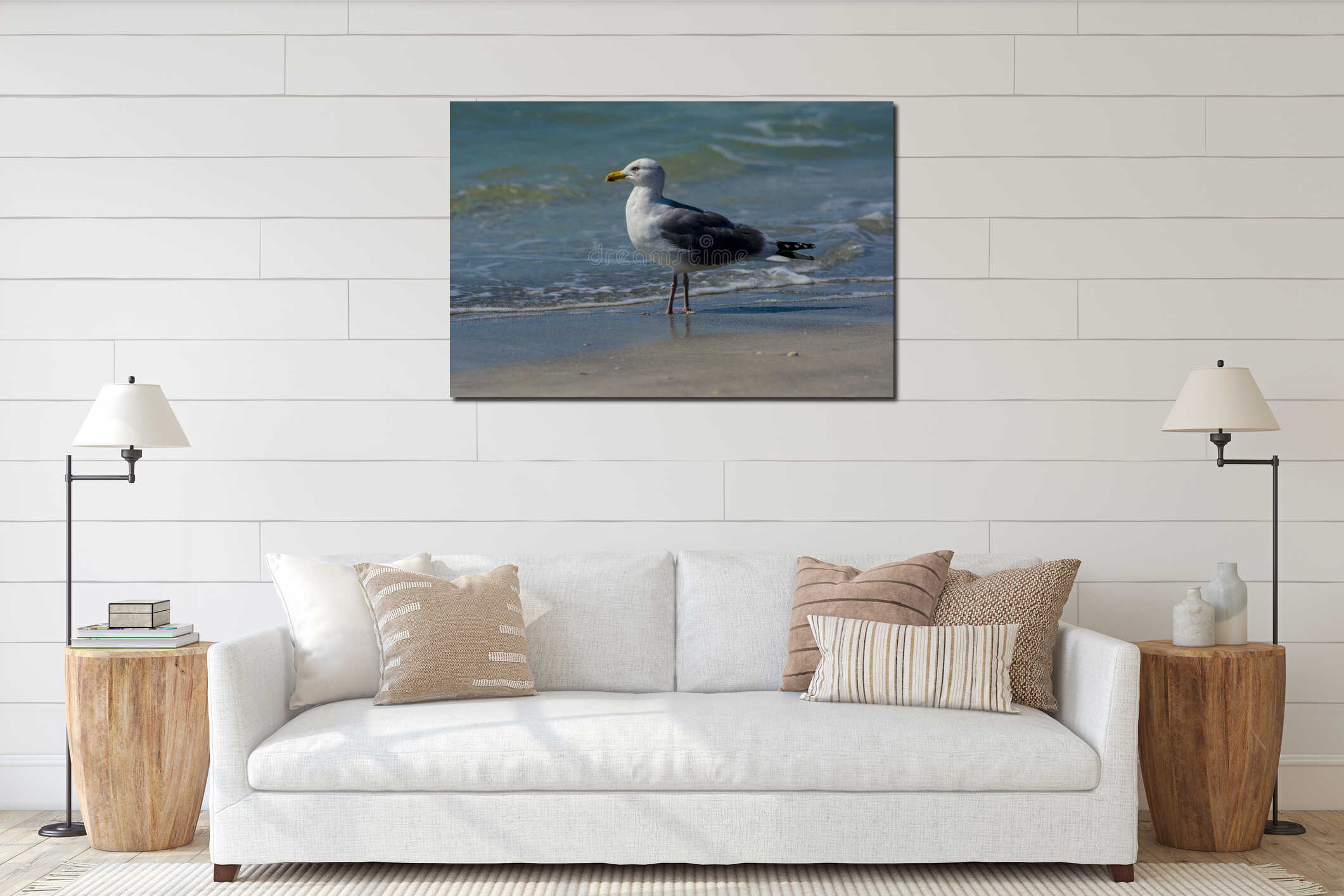 Seagull on waters edge interior mockup