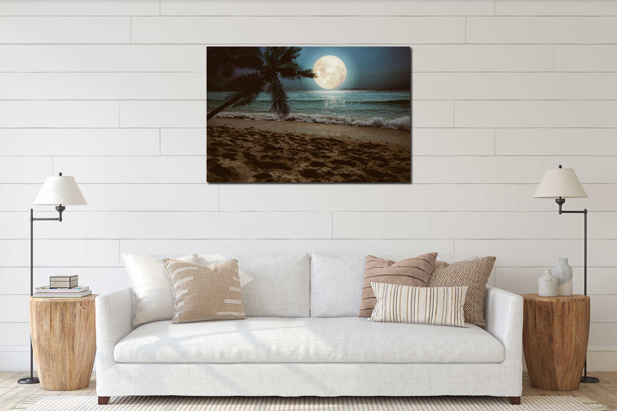 Beautiful fantasy tropical beach with star and full moon in night skies interior mockup