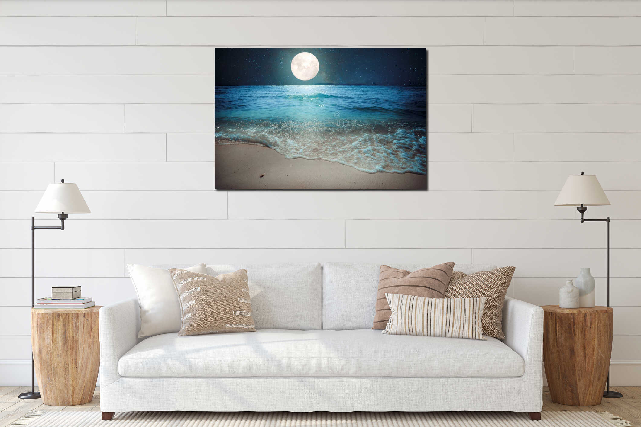 Beautiful fantasy tropical beach with star and full moon in night skies interior mockup