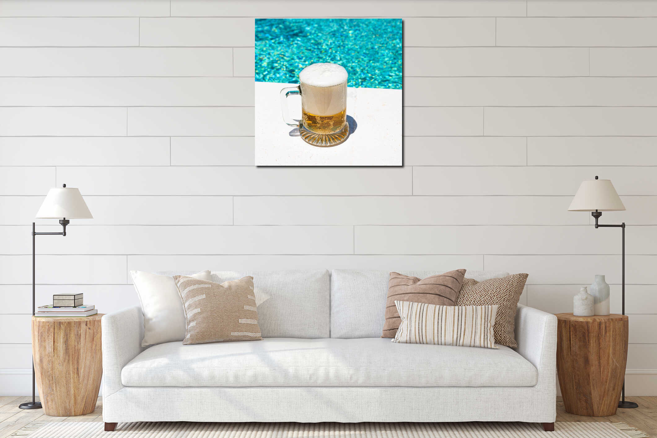 Mug with cold light beer on the outdoor pool interior mockup