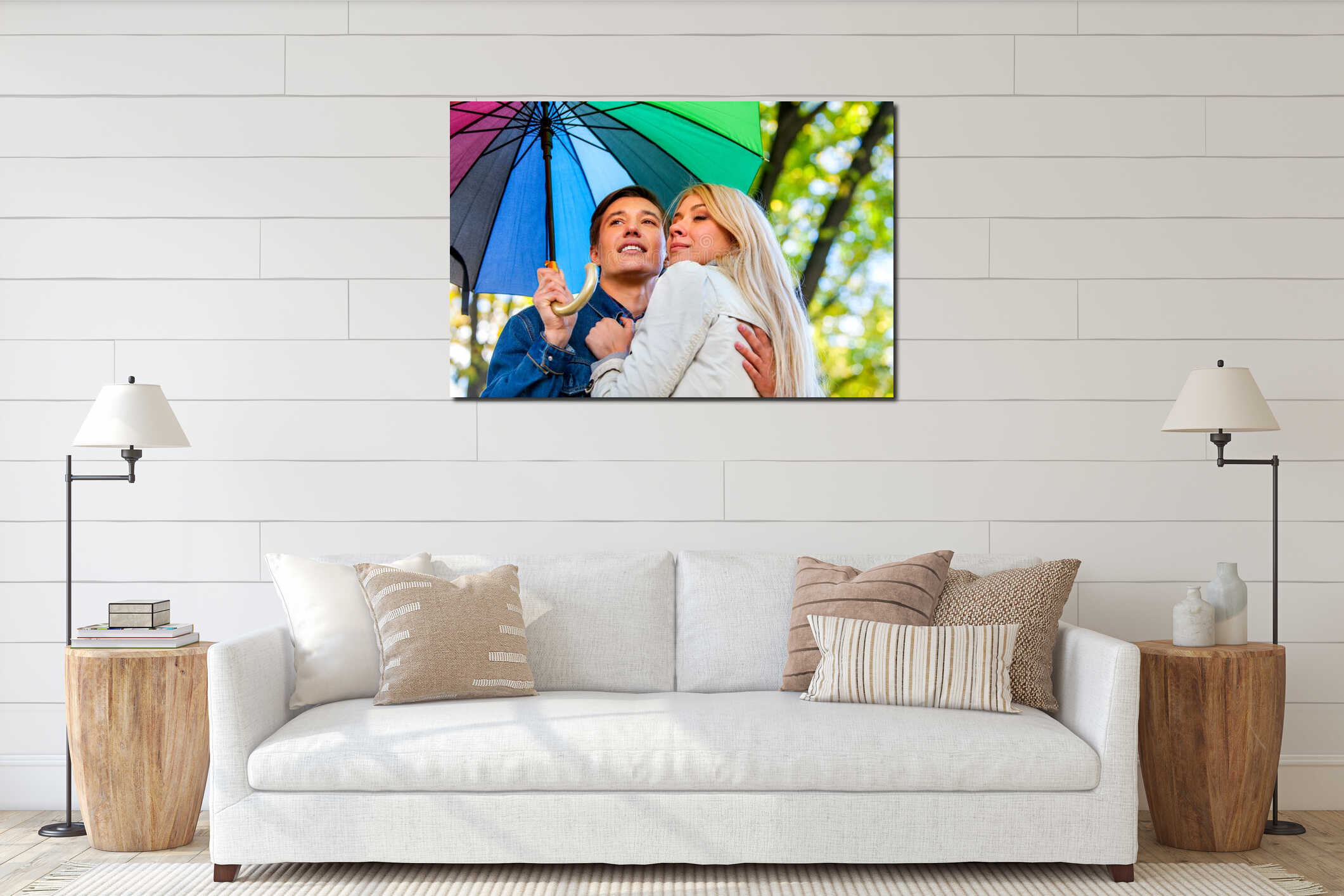 Autumn couple walking park. Fall friends walk under rain umbrella. interior mockup