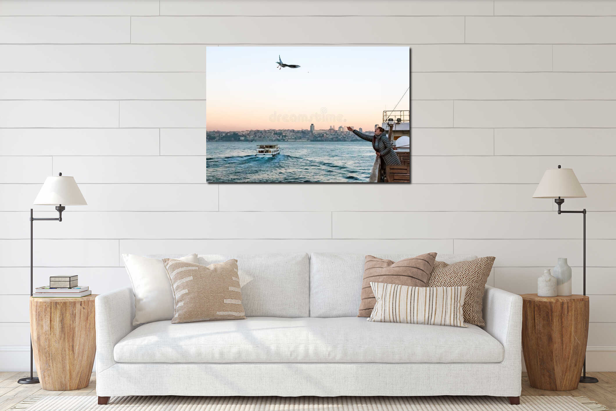 Woman feeding Sea Gulls from Board of Ferry at Sunrise interior mockup