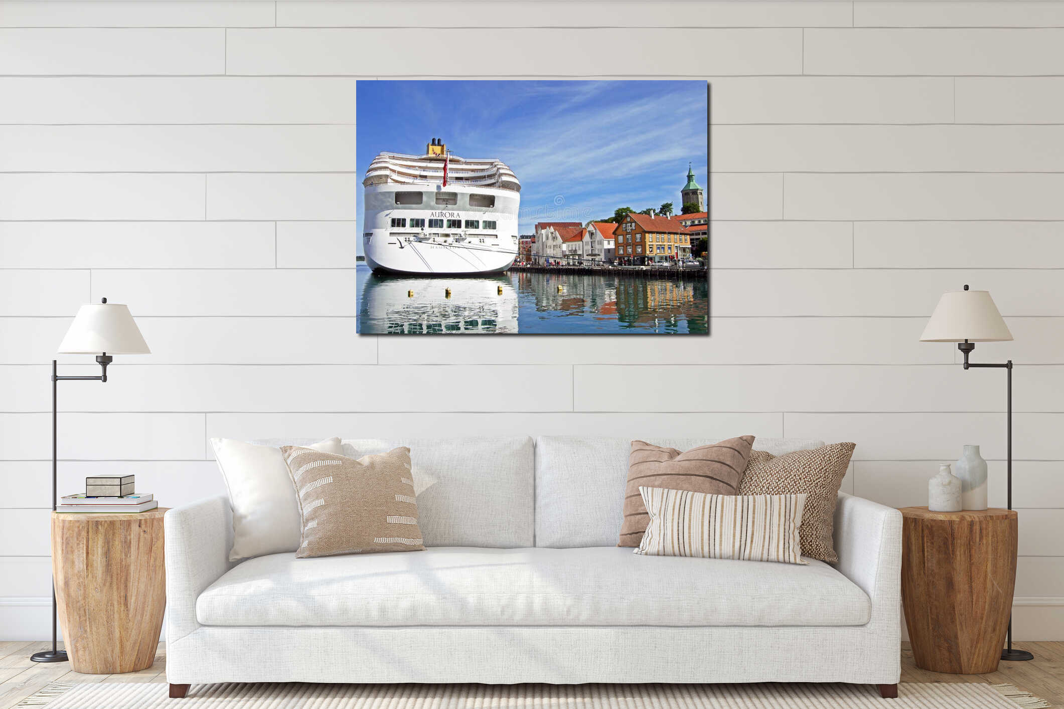 The cruise ship AURORA by P&O Cruises has moored at Skagenkaien Pier in the port of Stavanger Norway interior mockup