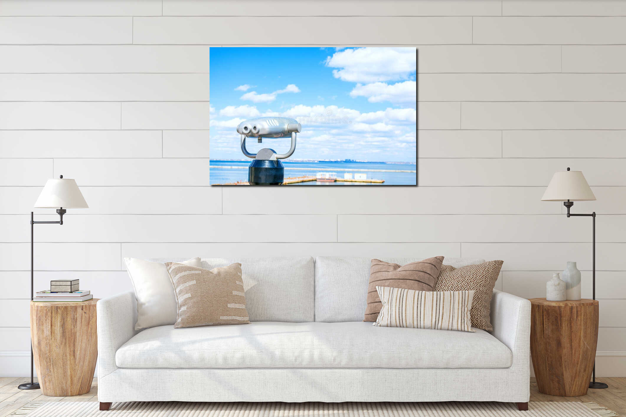 Stationary binoculars. Sea. Beautiful clouds background. Look into the distance. interior mockup