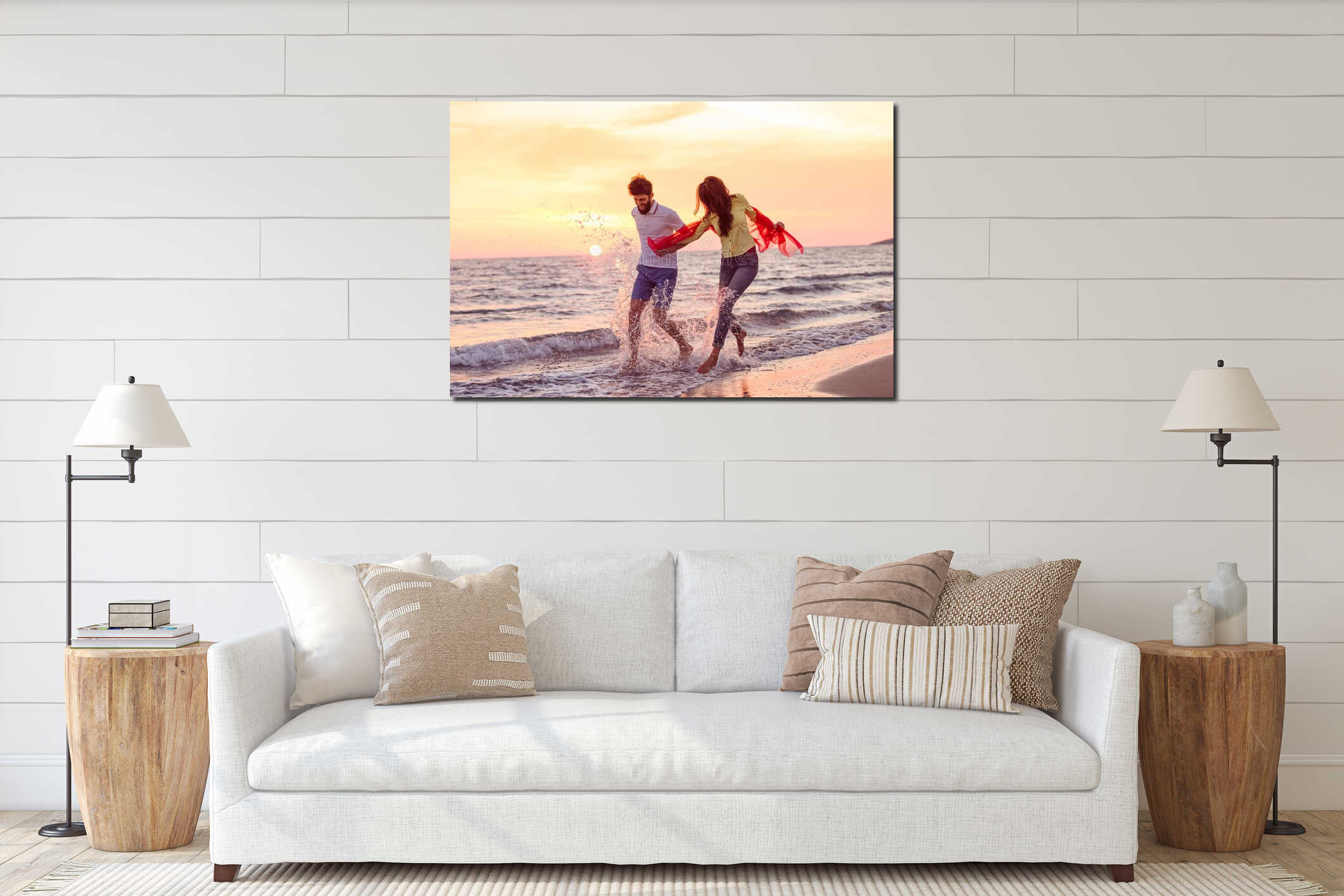 Happy young romantic couple in love have fun on beautiful beach at beautiful summer day interior mockup