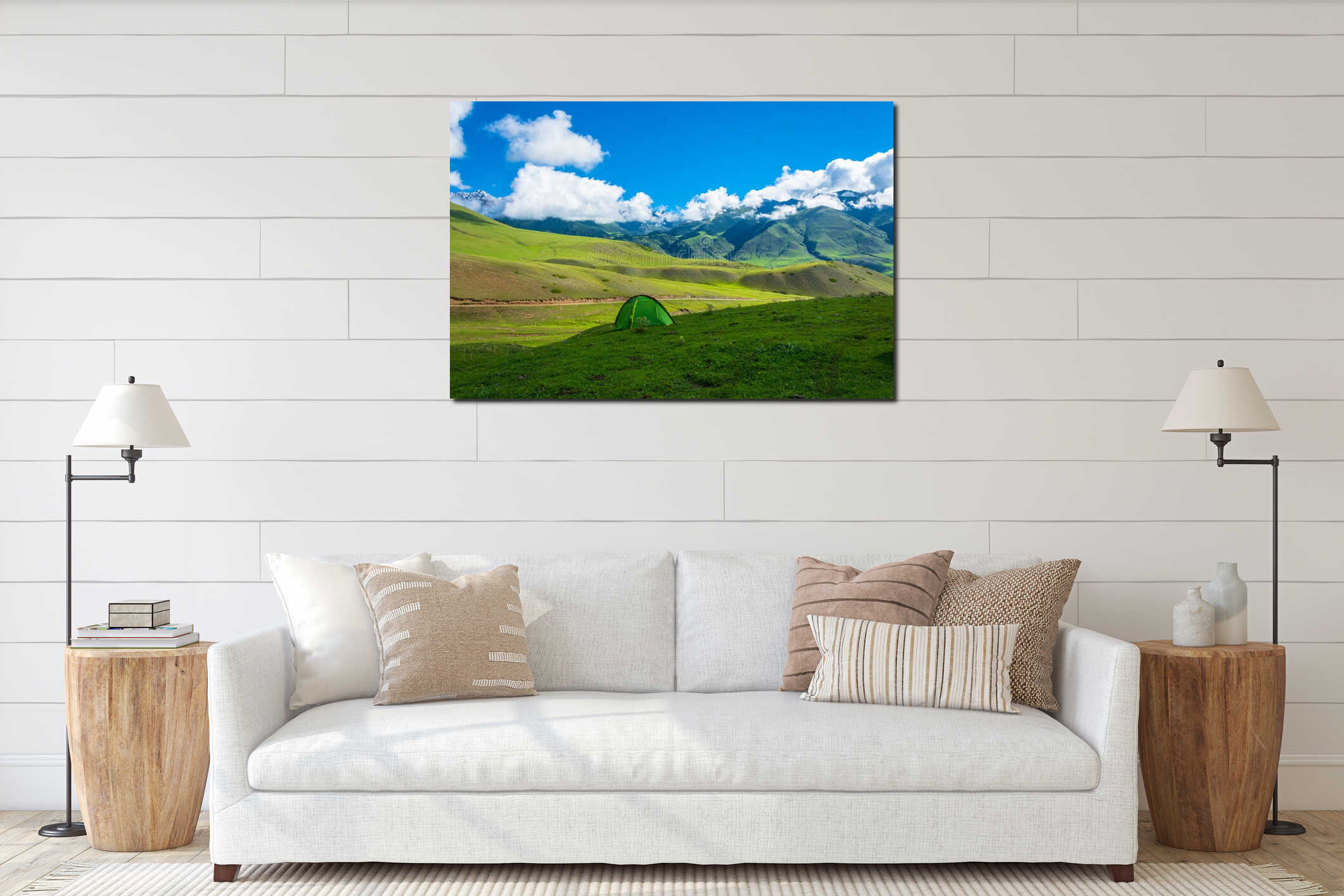 Green tourist tent in the mountains of Kyrgyzstan. interior mockup