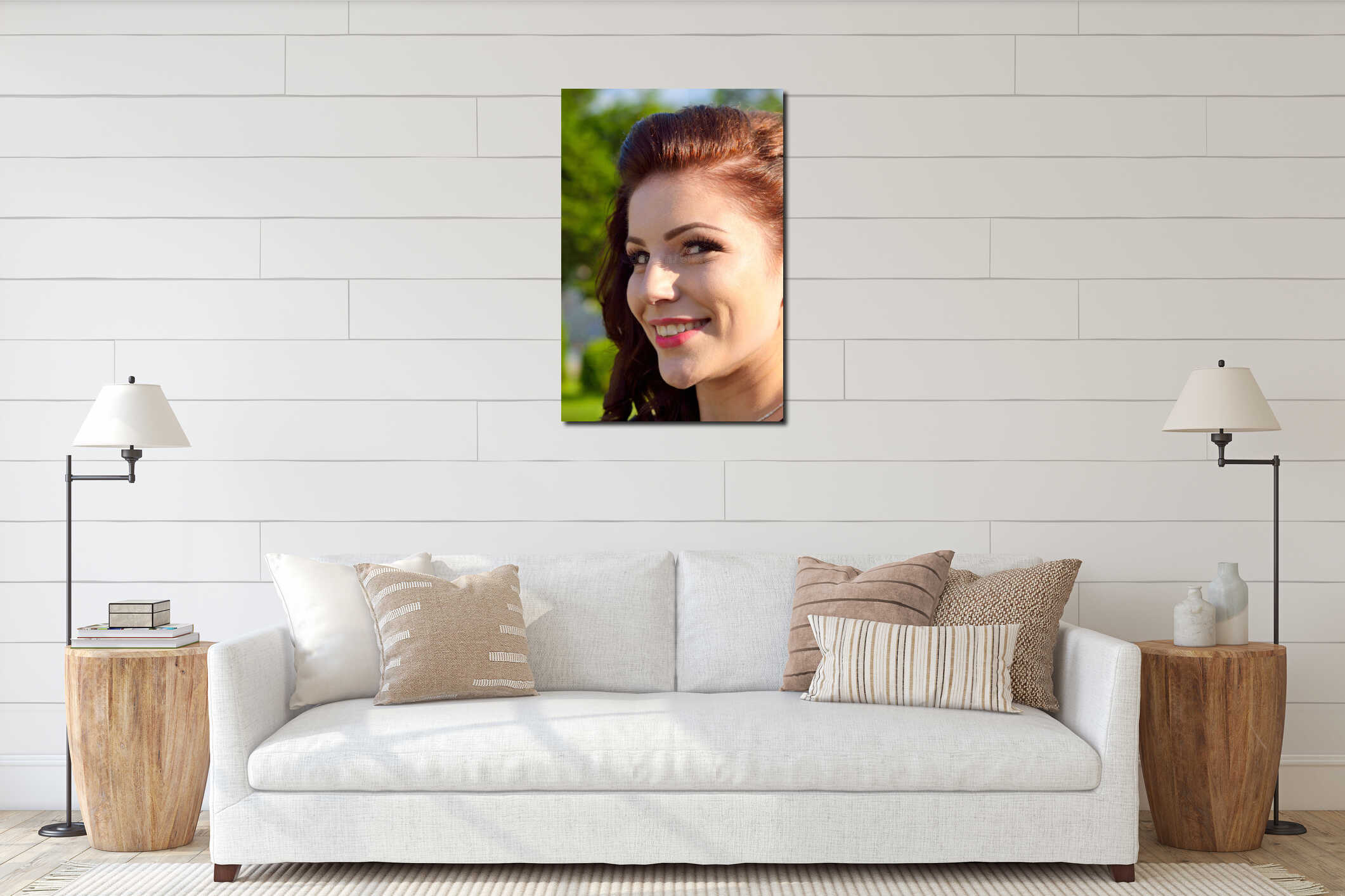 Smiling gorgeous girl portrait interior mockup