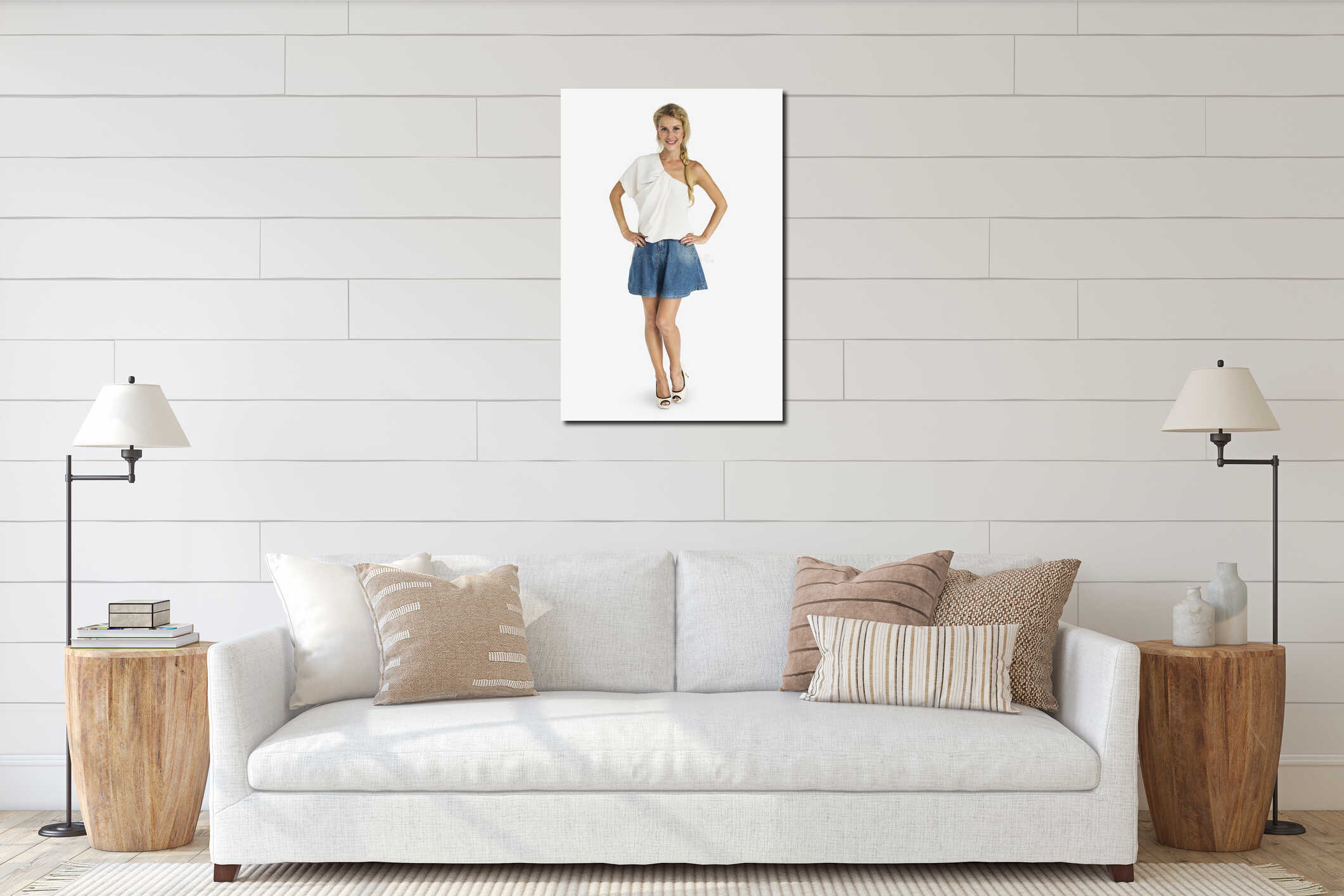 Cheerful Blonde Girl Standing Smiling Studio Concept interior mockup