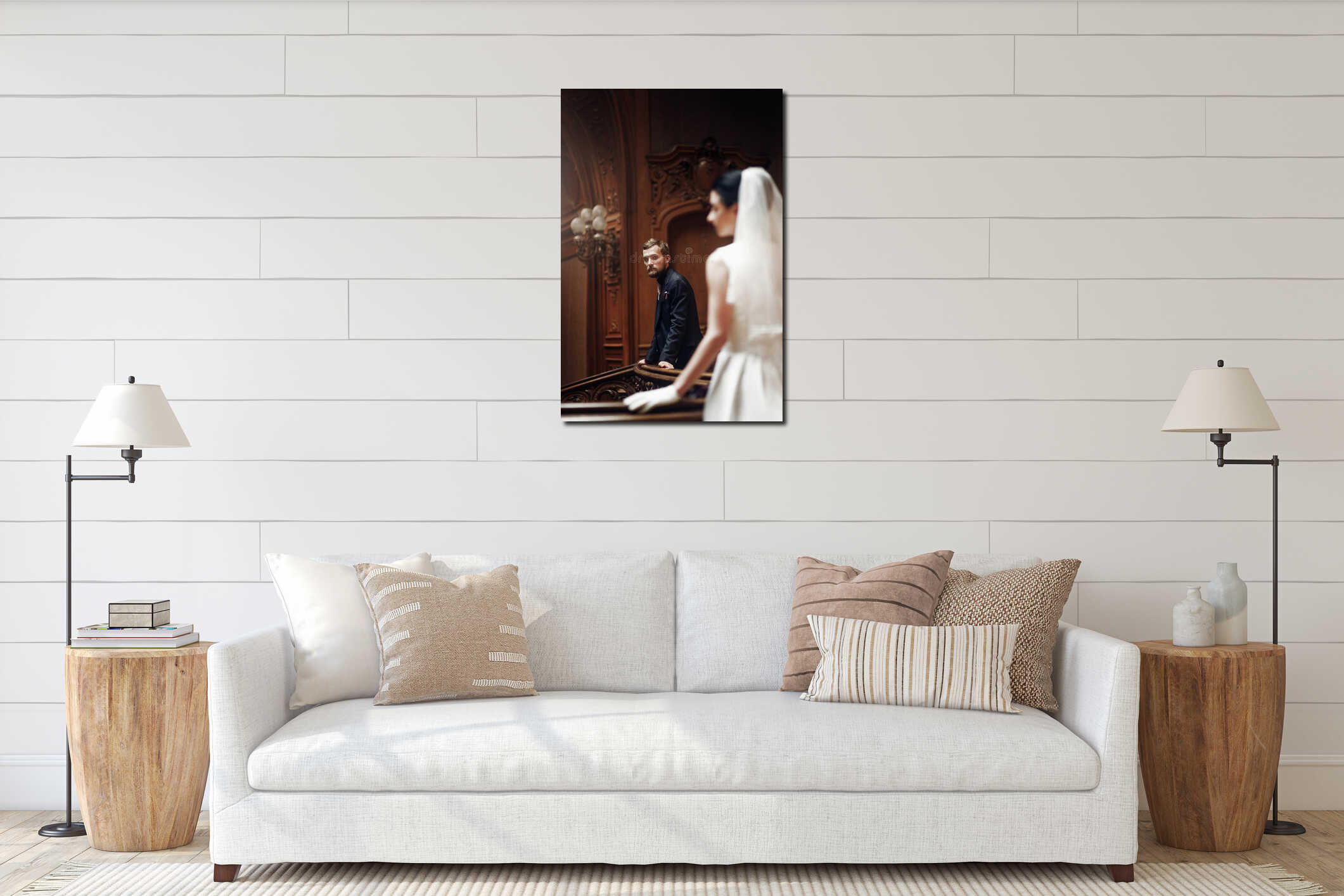 elegant stylish handsome groom looking at gorgeous bride, standing on wooden stairs in amazing old rich room. unusual luxury interior mockup