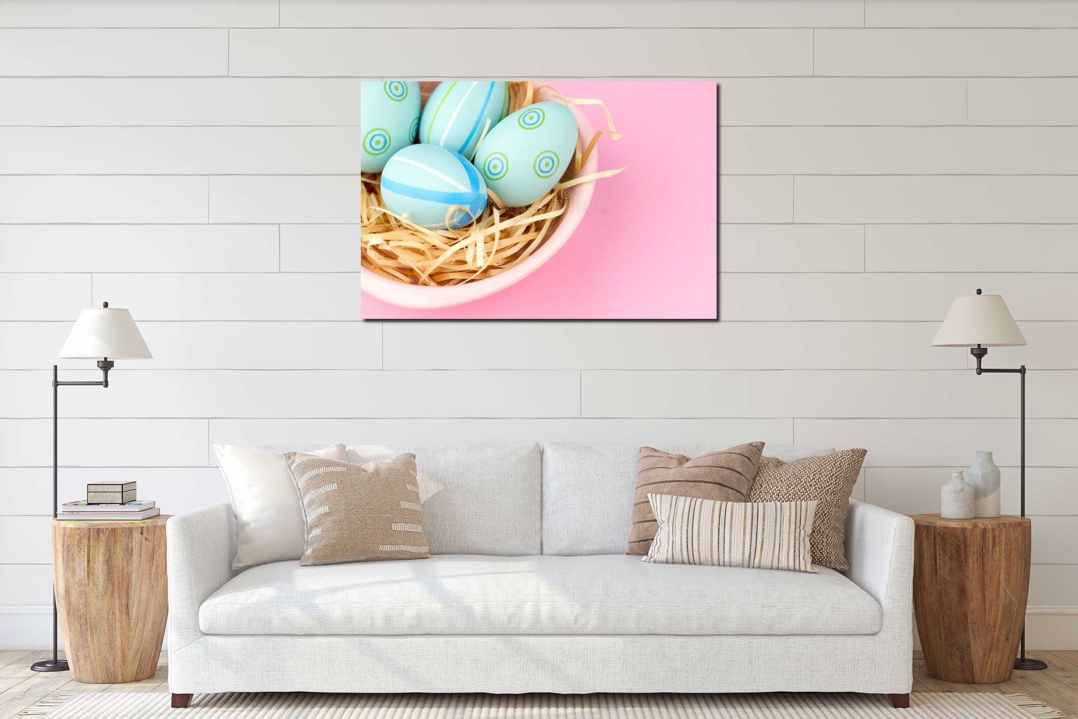 Happy easter composition. Nest with blue pained easter eggs. Texture pink background. Flat lay, top view and copyspace interior mockup