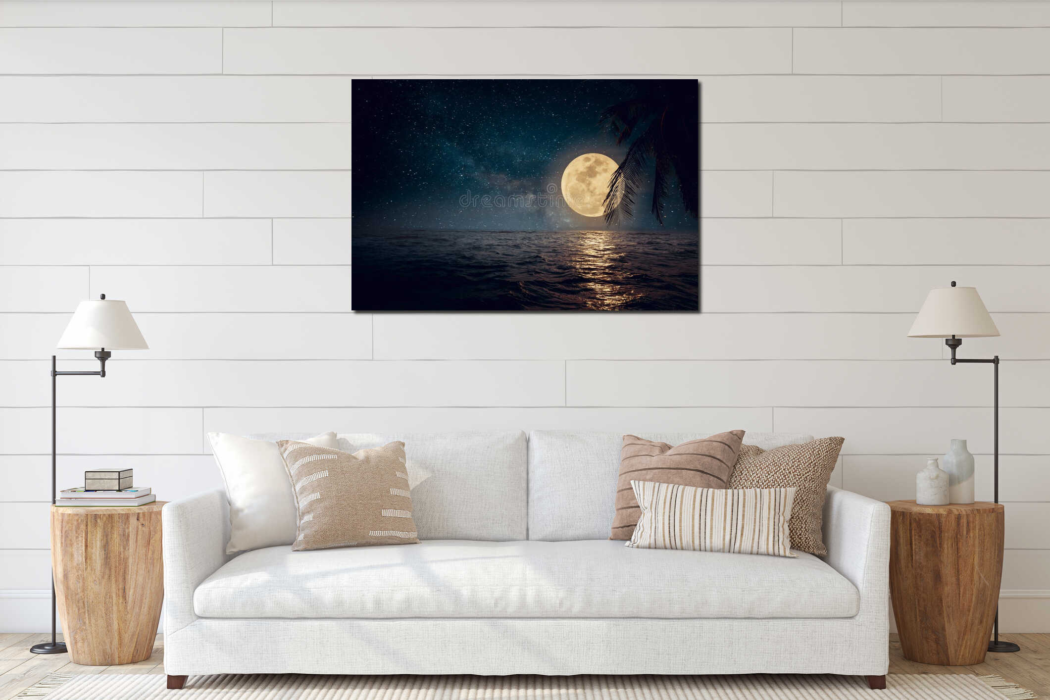 Beautiful fantasy tropical beach with star and full moon in night skies interior mockup