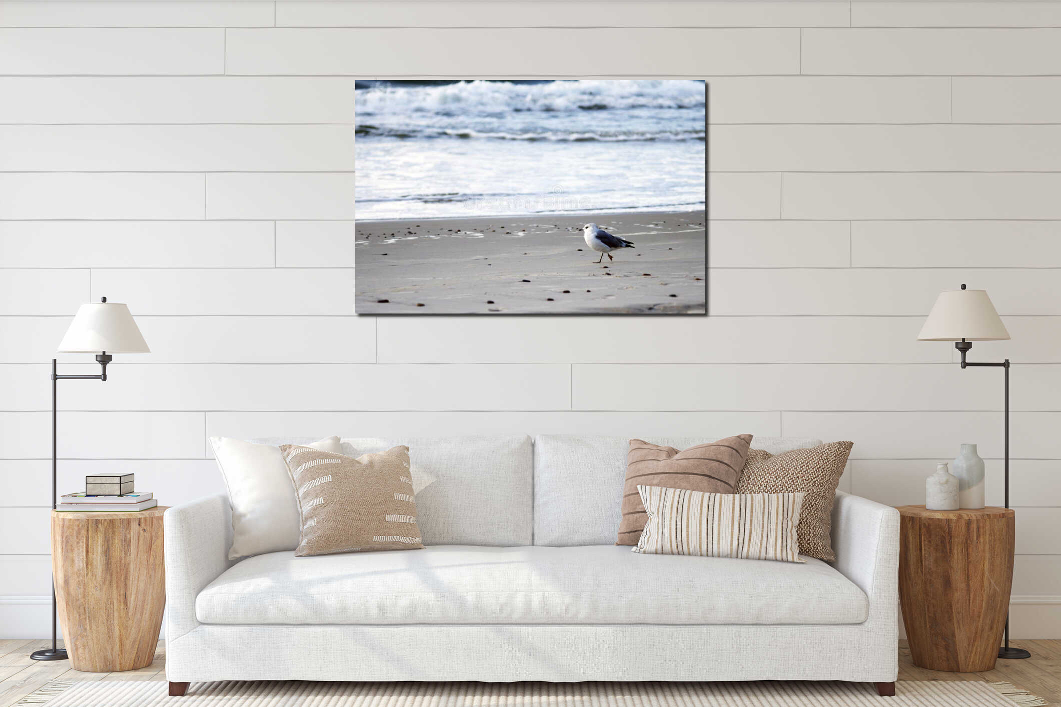 Seagull staying on the beach interior mockup