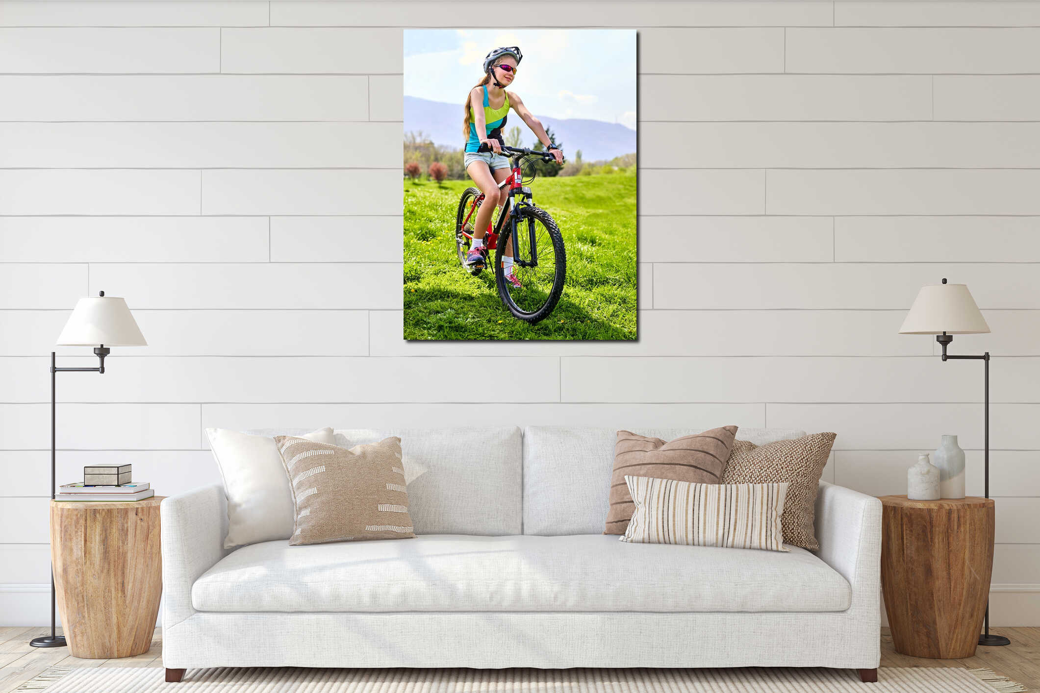 Woman traveling bicycle on green grass in summer park. interior mockup