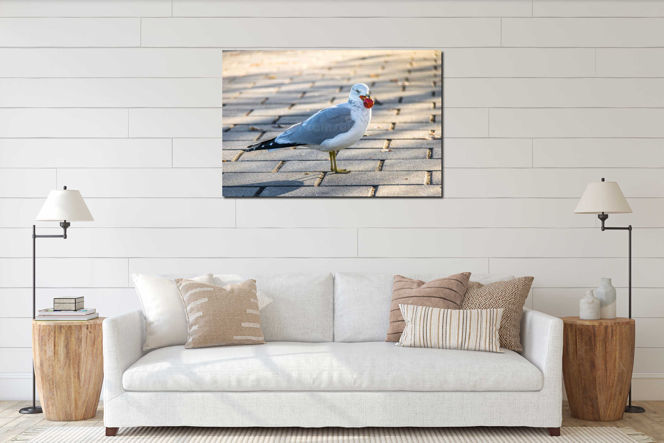Seagull holding a red fruit in his beak interior mockup