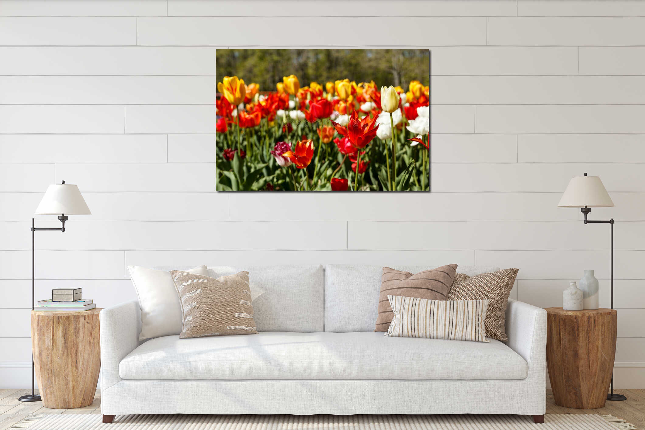 Bright colorful spring background with focus on the front red Lily-flowered tulip interior mockup