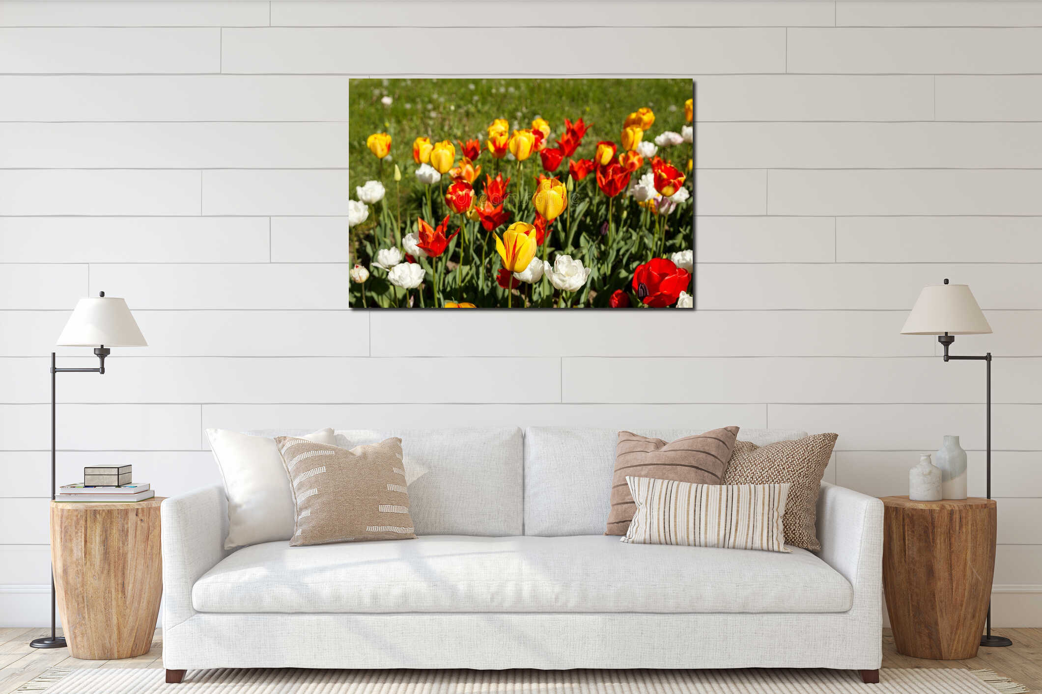Bright colorful spring background with focus on the front yellow Triumph tulip interior mockup