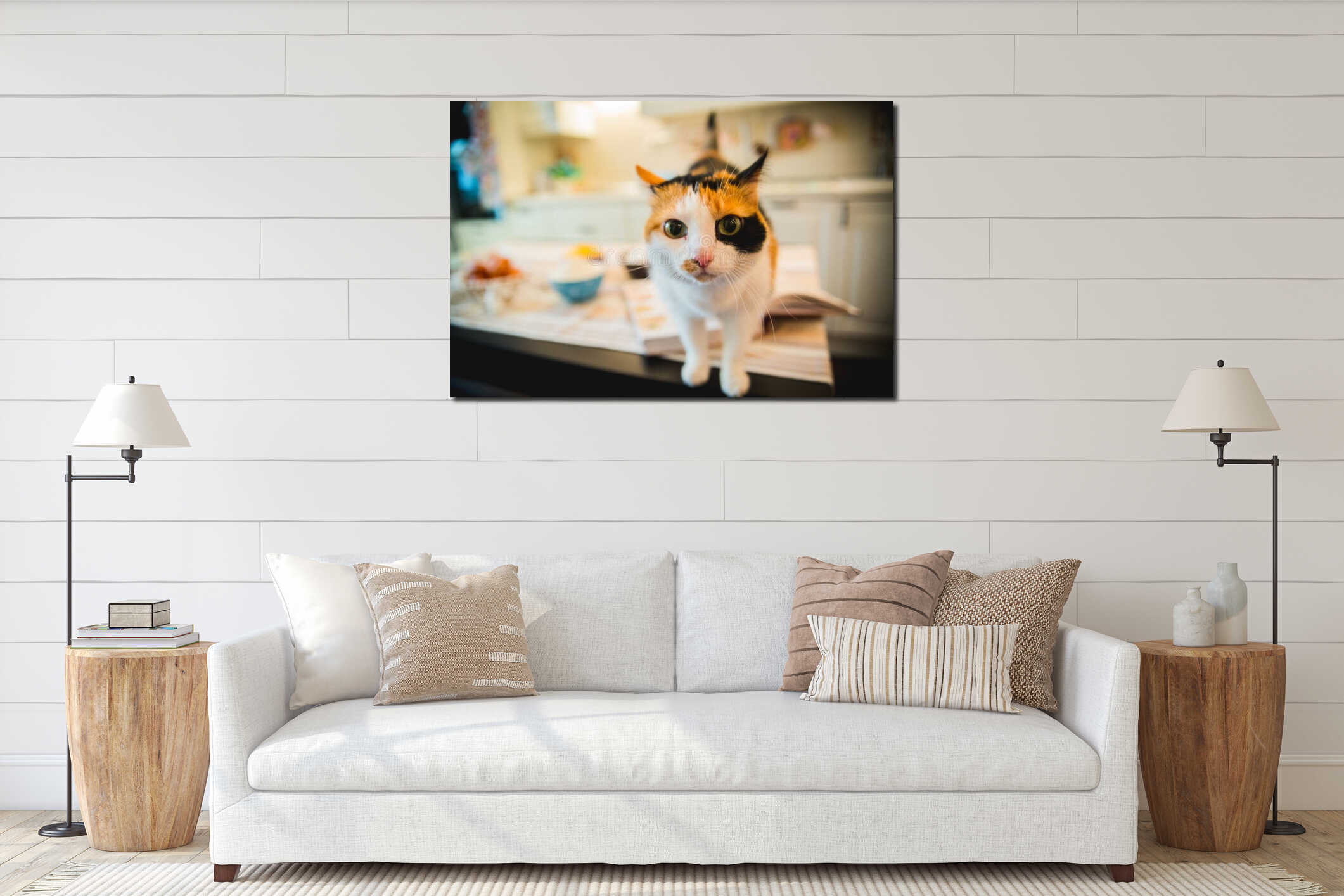 Cute cat standing on the table and looking interior mockup