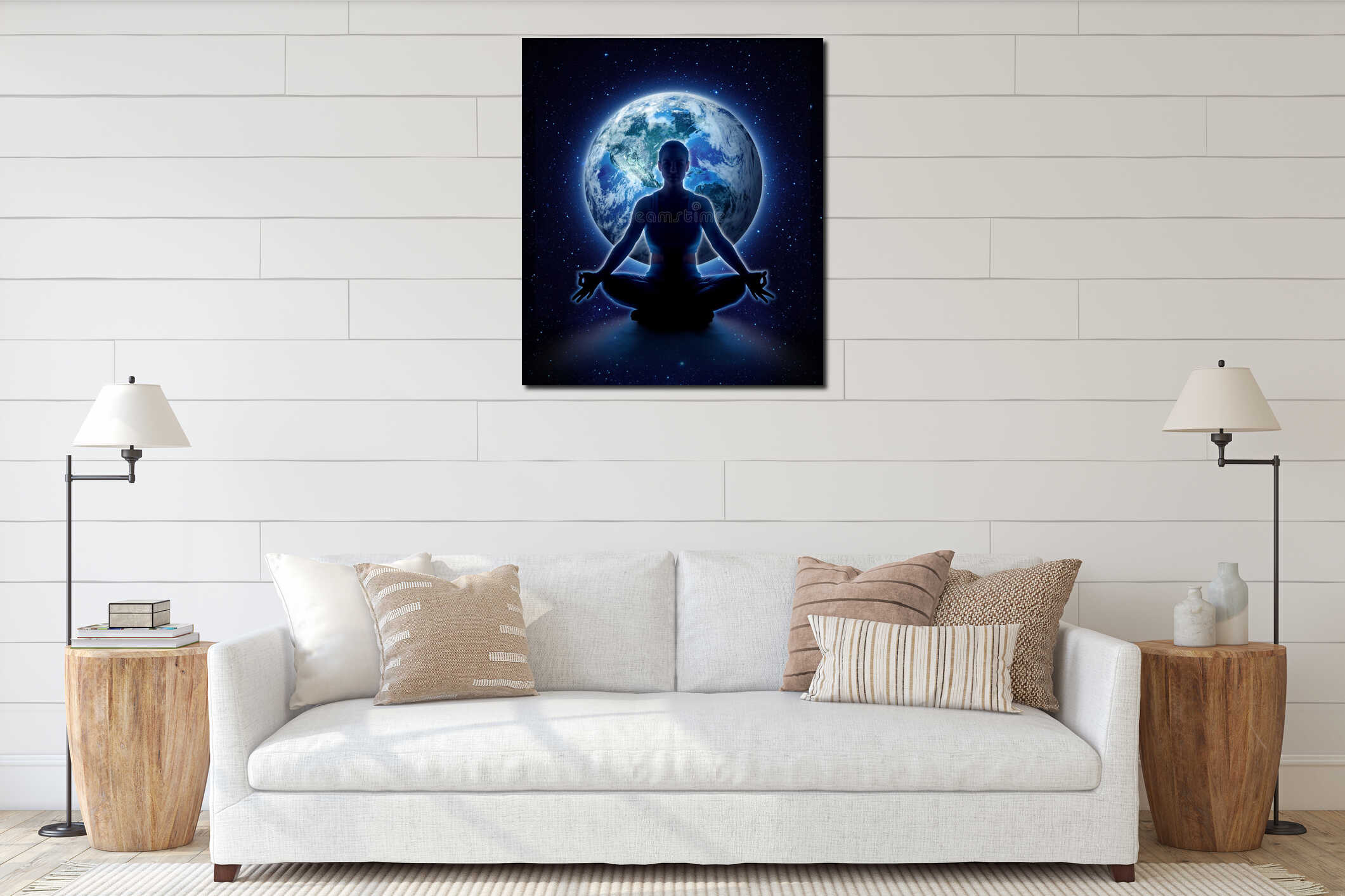 Yoga woman on the world. Meditation girl on planet earth interior mockup