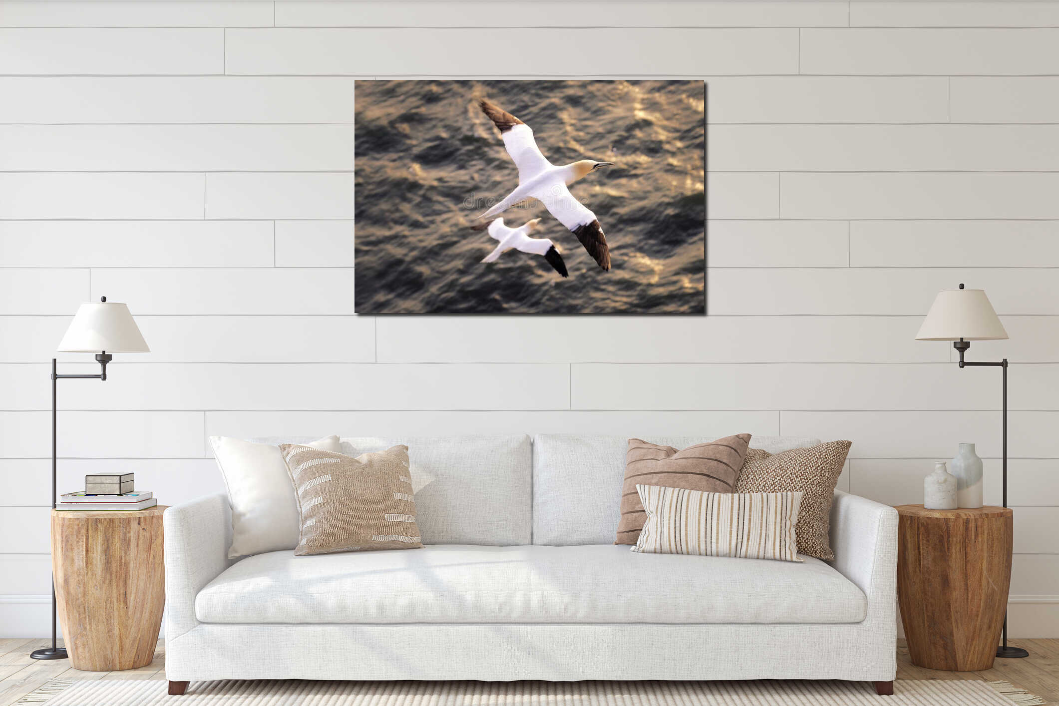 Seagull flying above the sea interior mockup