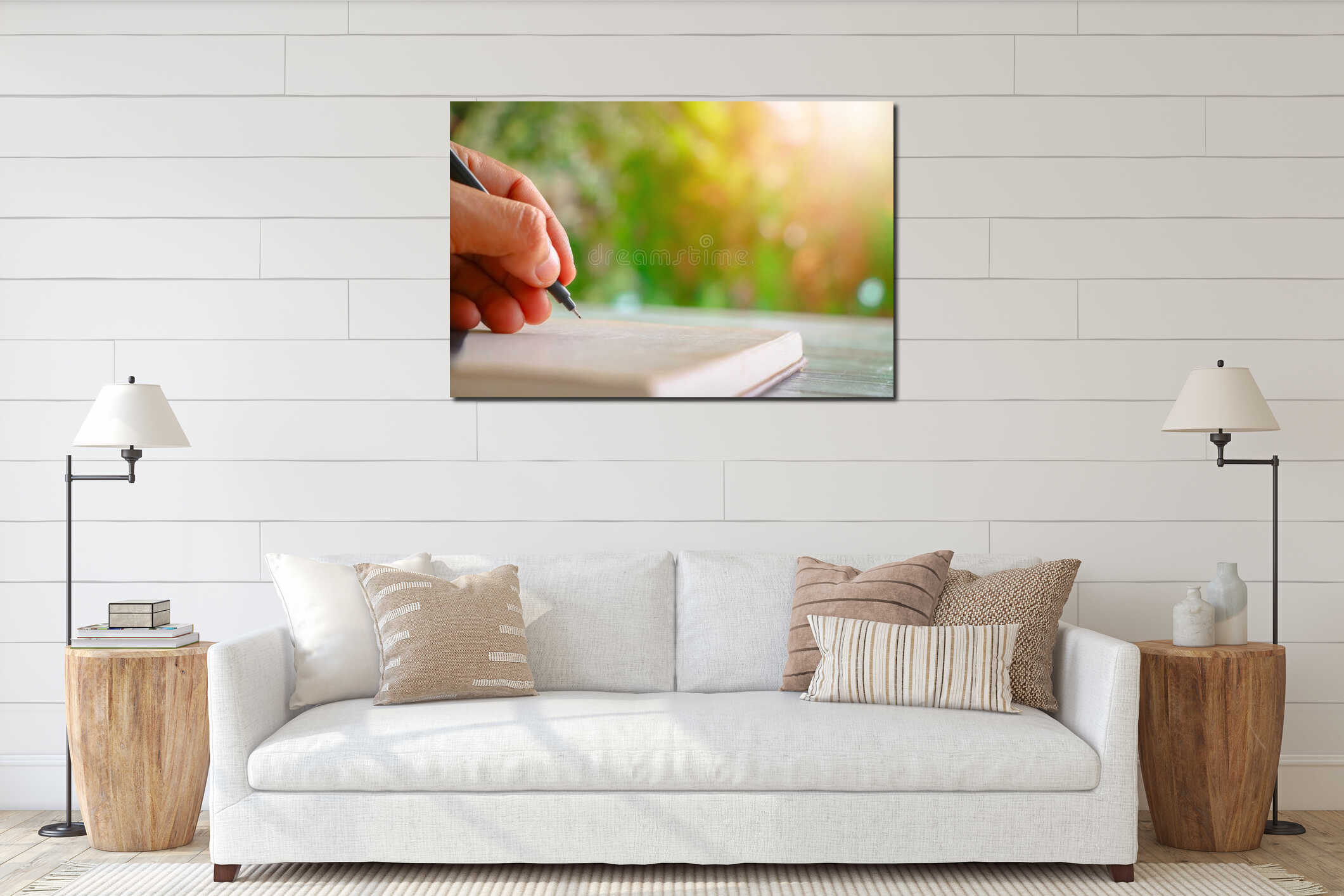 Close up human hand writing something interior mockup