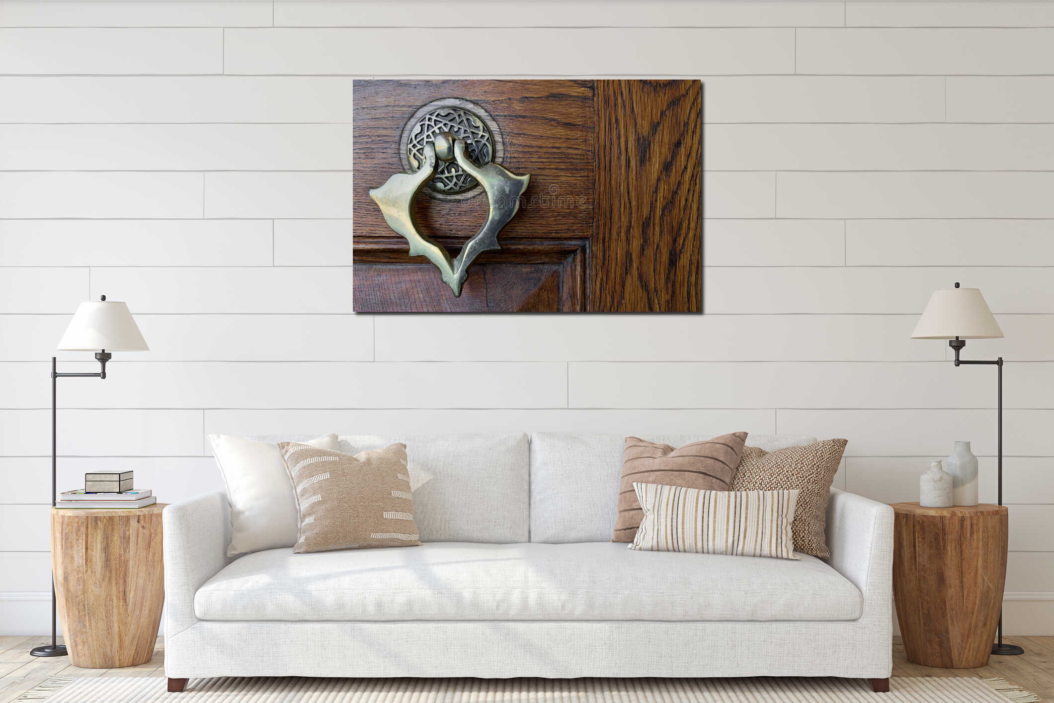 Closeup of antique copper ornate door knocker over an aged wooden door interior mockup