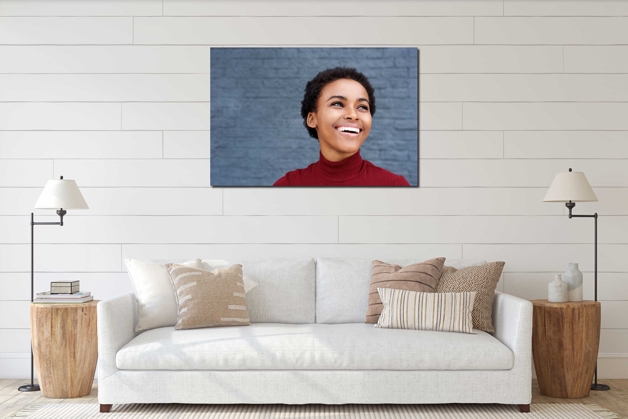Close up happy young black woman laughing interior mockup
