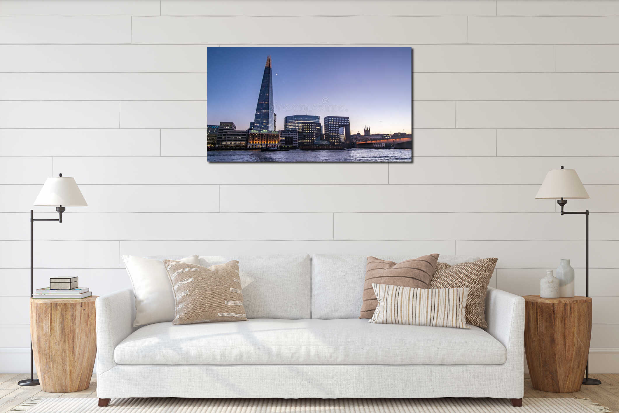 View of office buildings at London bridge at sunset interior mockup