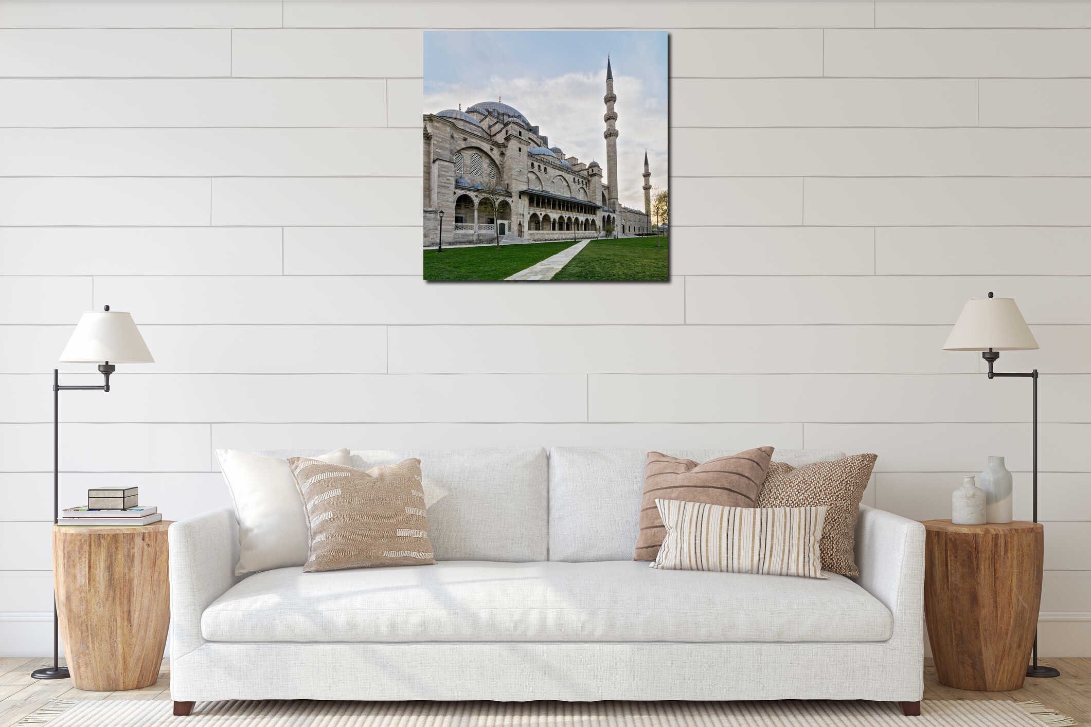Exterior day angled shot of Suleymaniye Mosque, an Ottoman imperial mosque located on the Third Hill of Istanbul, Turkey, and the interior mockup