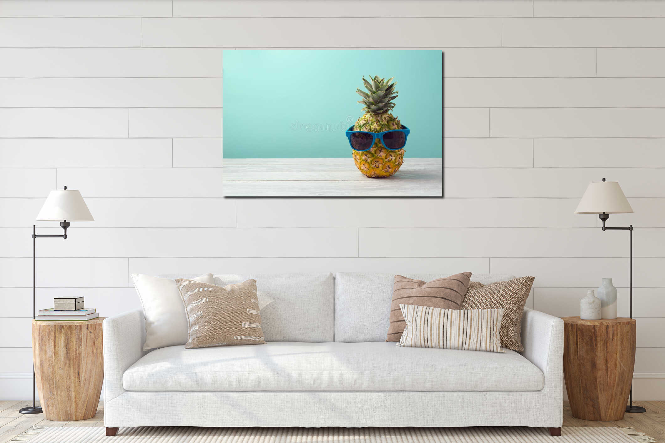 Pineapple with sunglasses on wooden table over mint background. Tropical summer vacation and beach party interior mockup