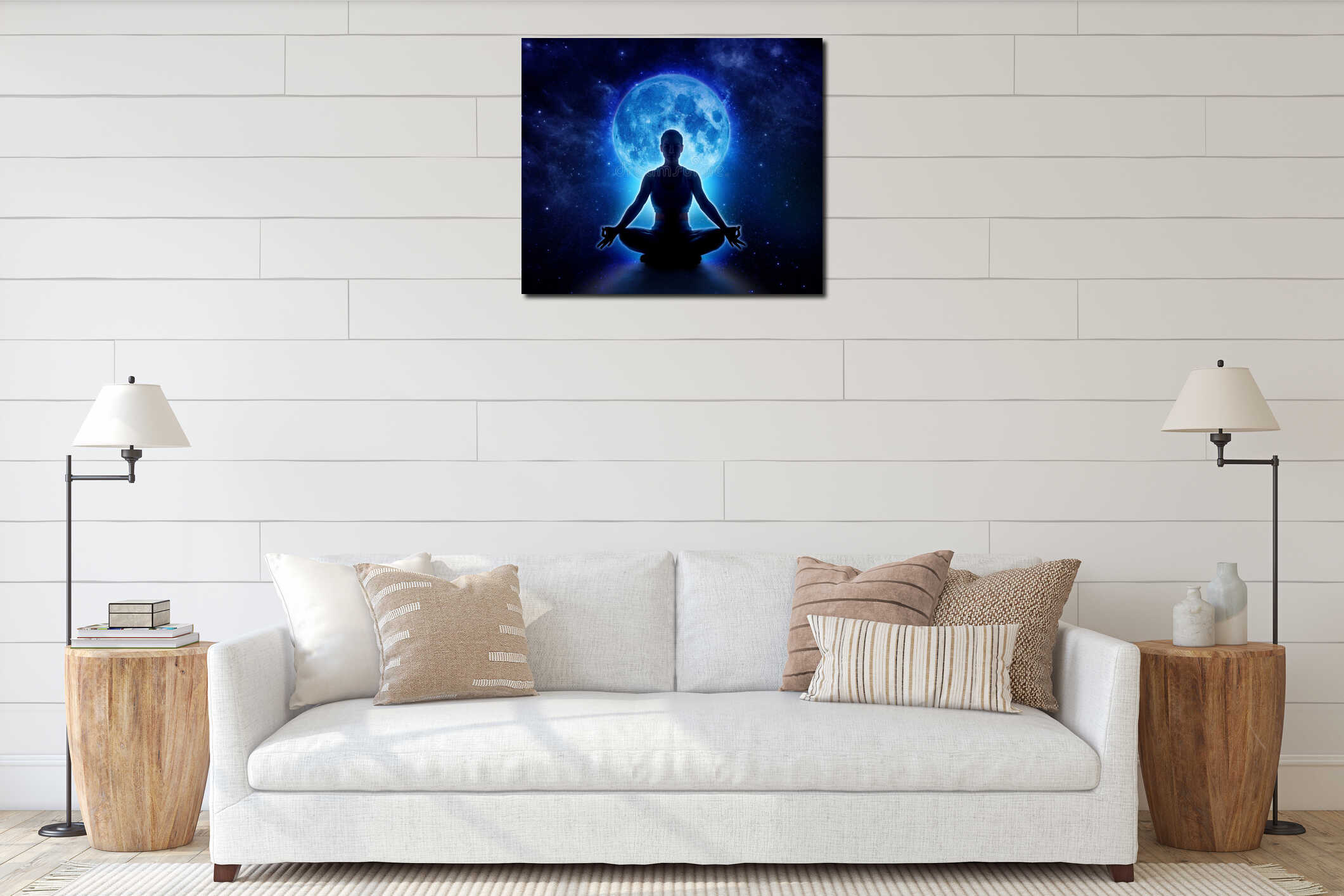 Yoga woman in moon and star. Meditation girl in moonlight interior mockup
