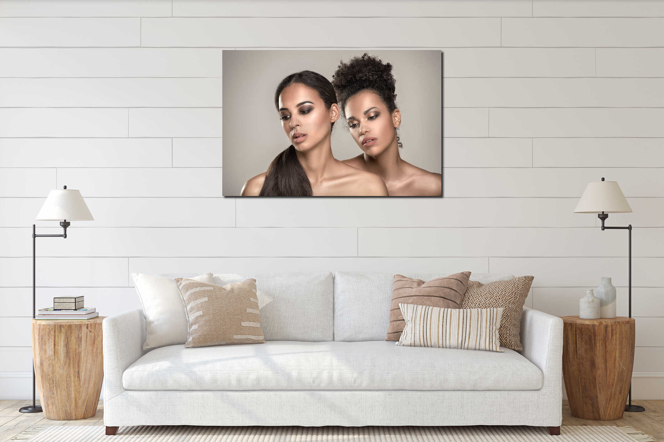 Beauty portrait of two african american girls. interior mockup