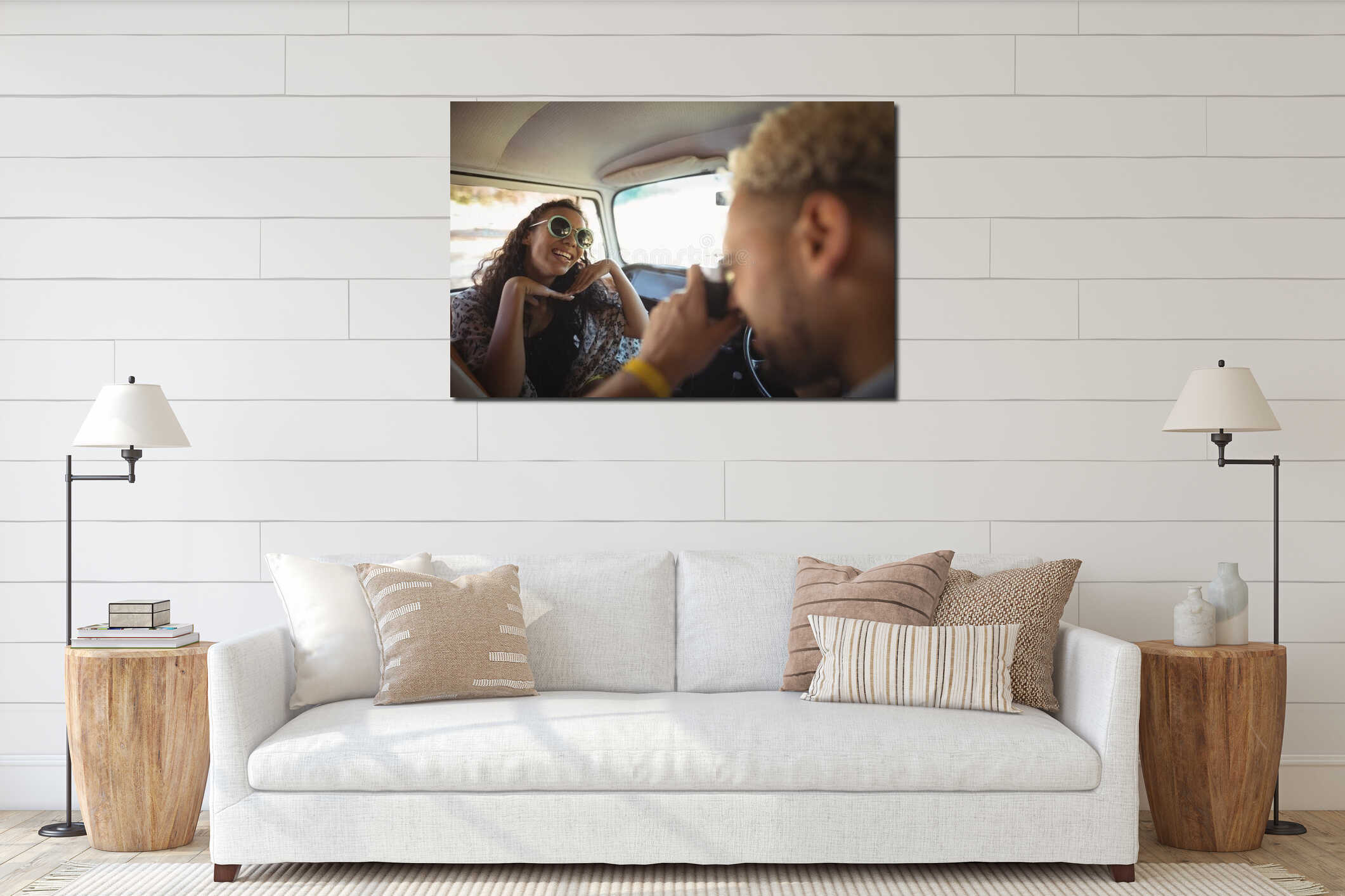 Man photographing woman in van interior mockup