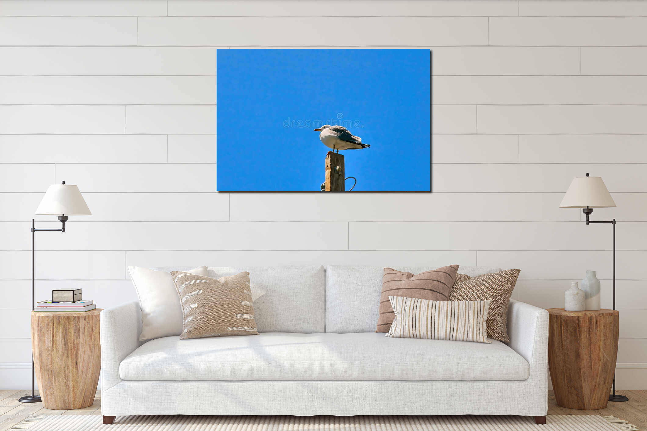 Seagull perched on the top of a electric pole interior mockup
