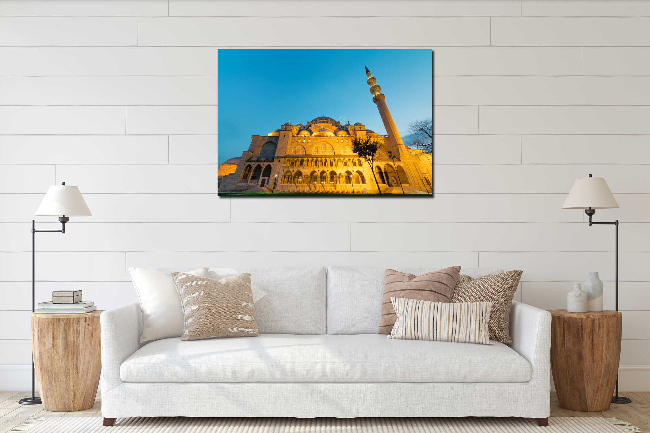 Exterior low angle night shot of Suleymaniye Mosque, an Ottoman imperial mosque located in Istanbul, Turkey interior mockup