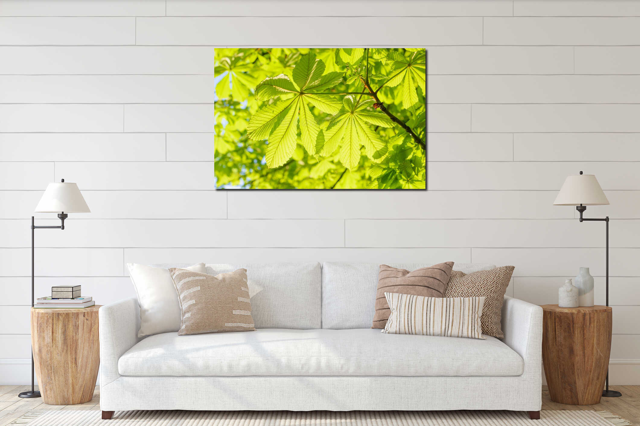 Fresh green spring leaves on a tree interior mockup