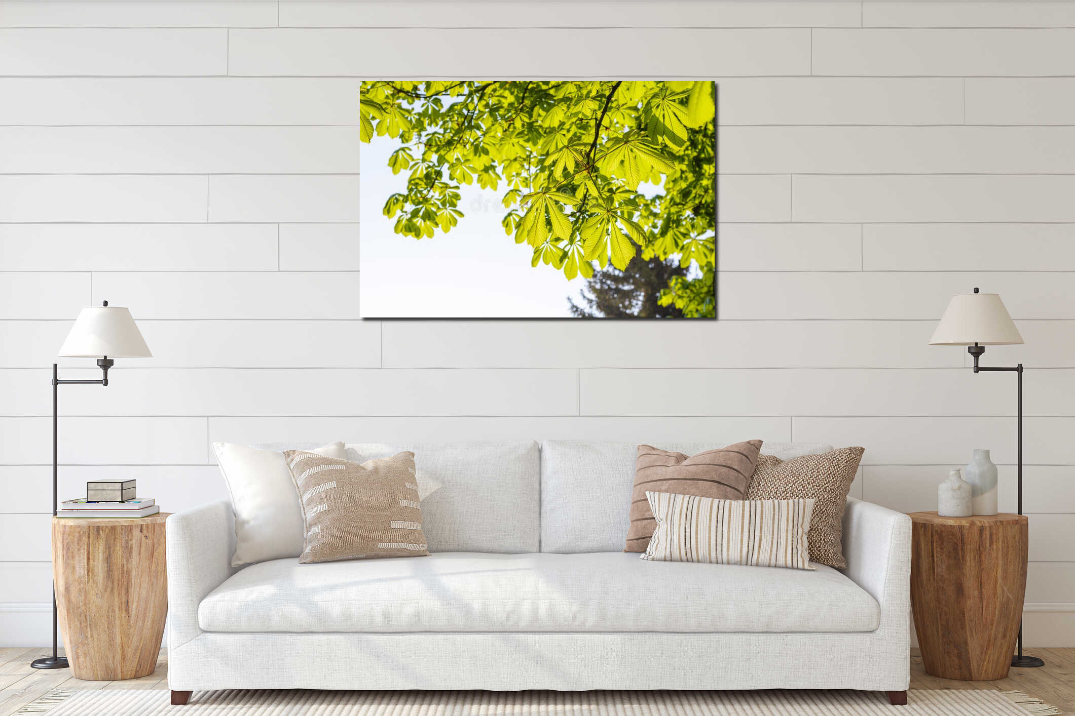 Fresh green spring leaves on a tree interior mockup