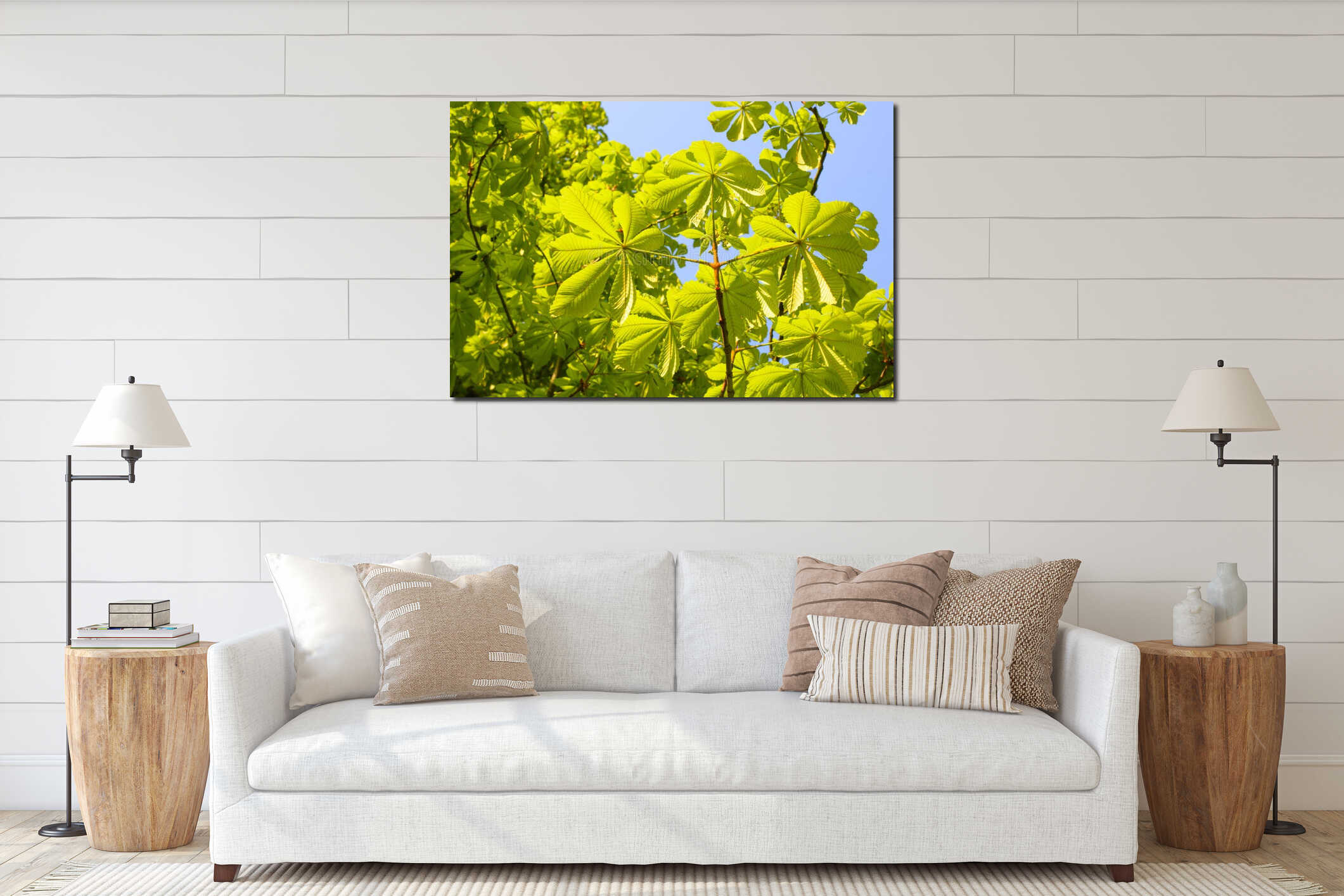 Fresh green spring leaves on a tree interior mockup