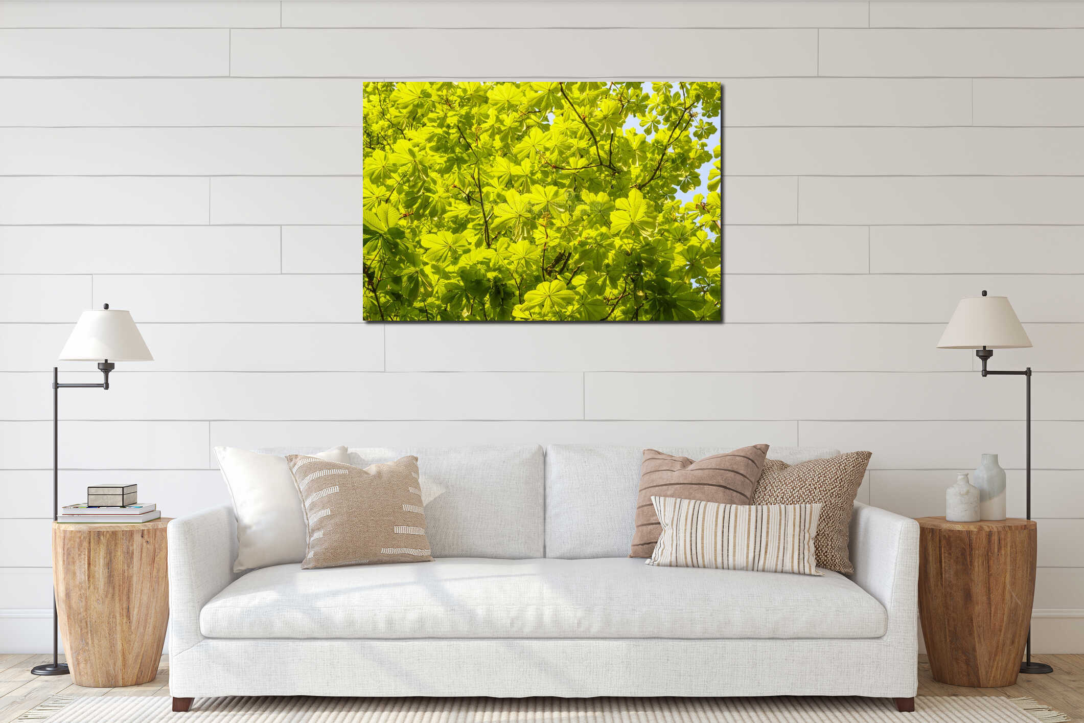 Fresh green spring leaves on a tree interior mockup