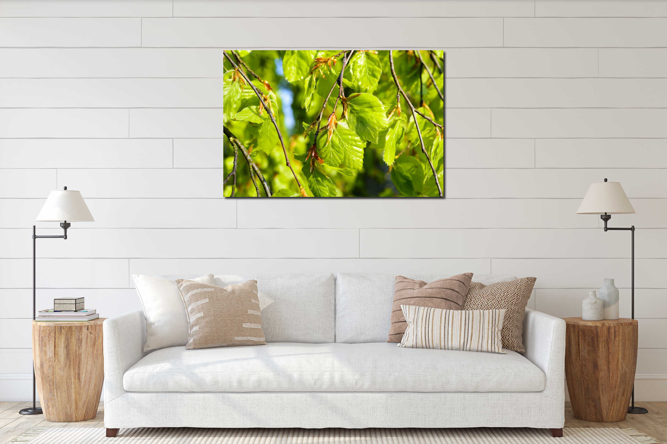 Fresh green spring leaves on a tree interior mockup