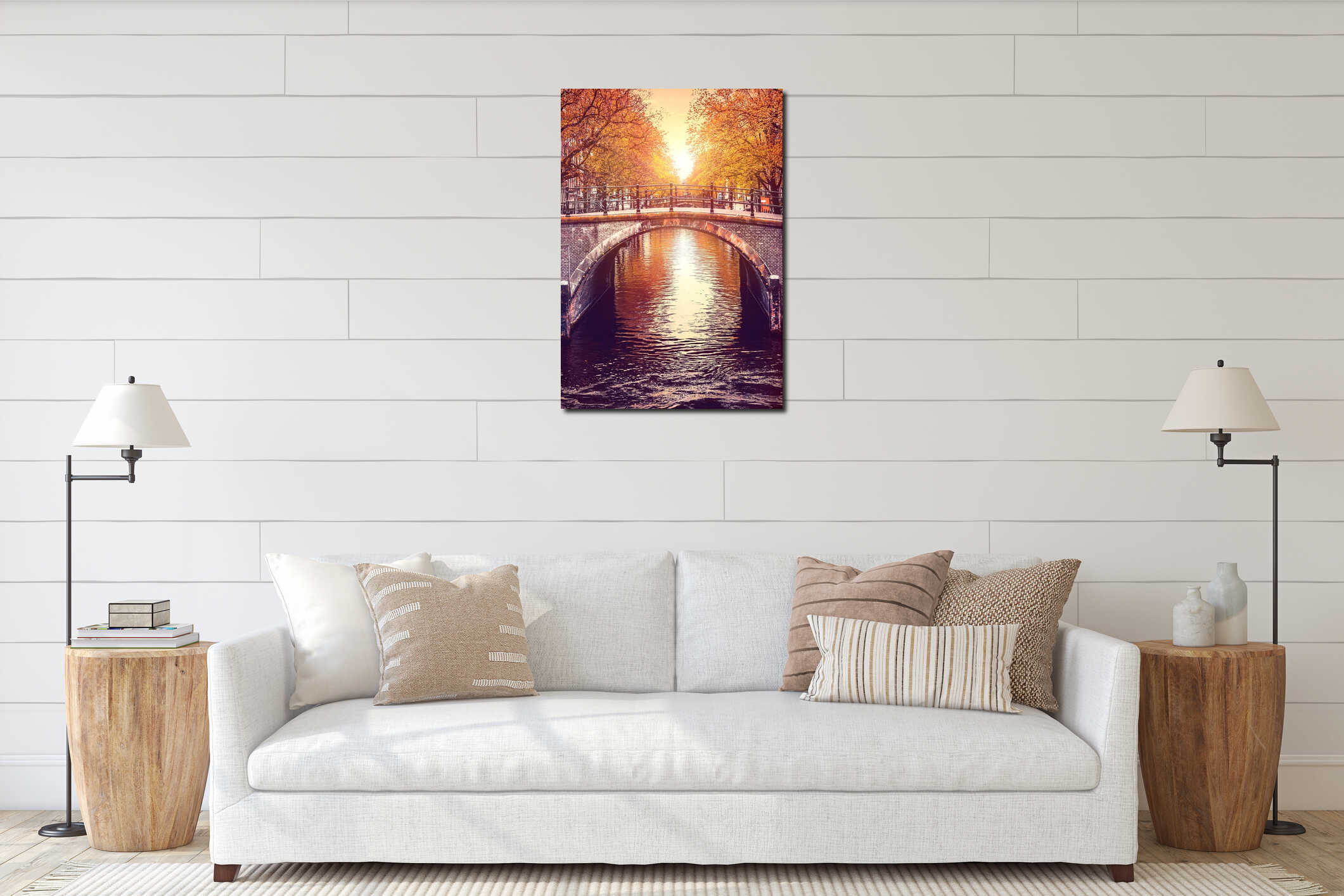 Bridge over channel in Amsterdam Netherlands autumn interior mockup