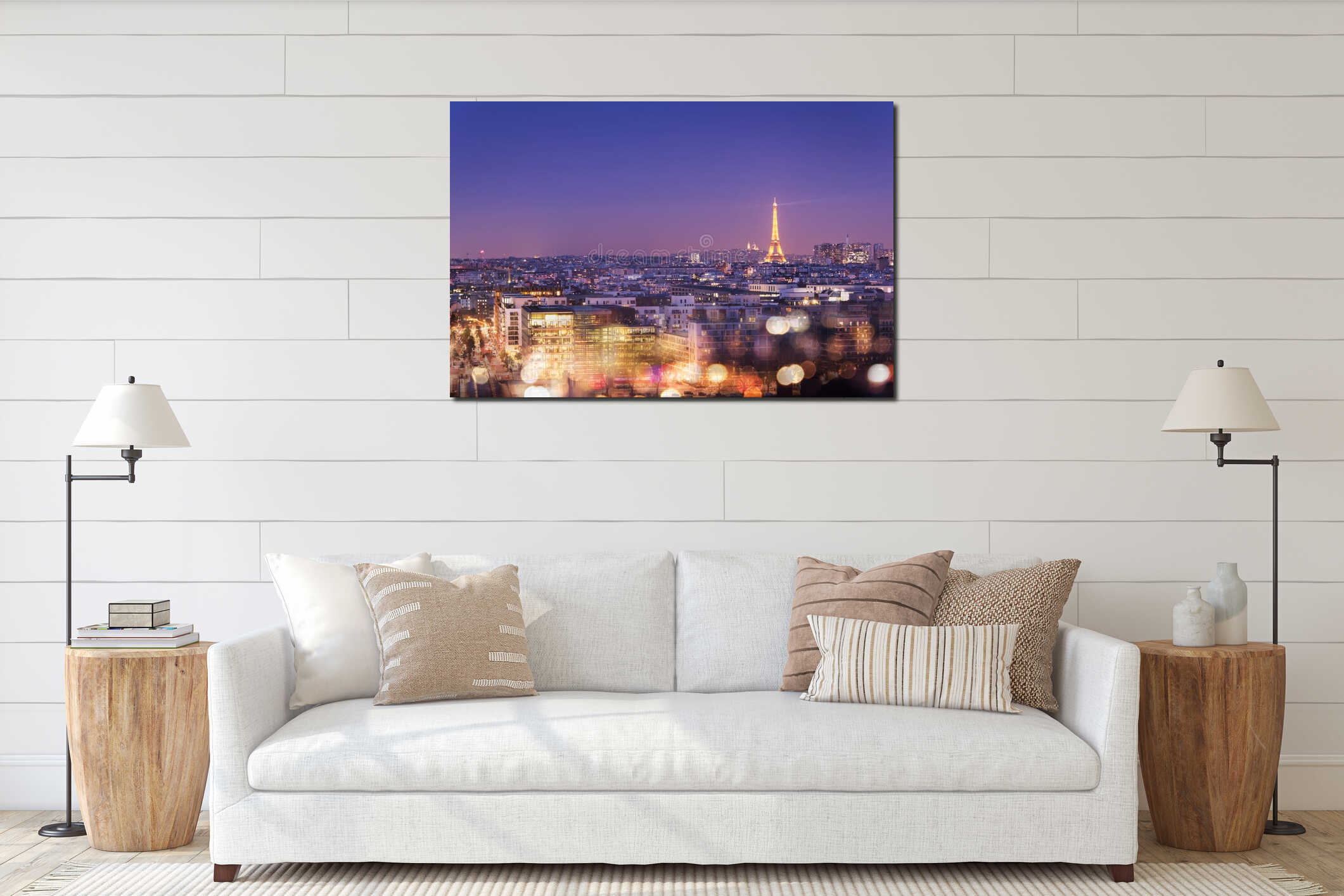Eiffel tower illuminated at night with bokeh lights, Montmartre in the background, Paris interior mockup