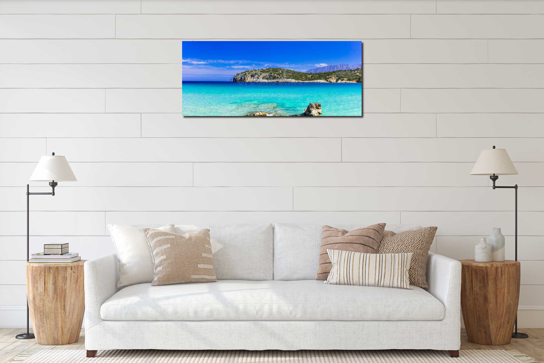 Beautiful beaches of Crete island, Istron bay interior mockup