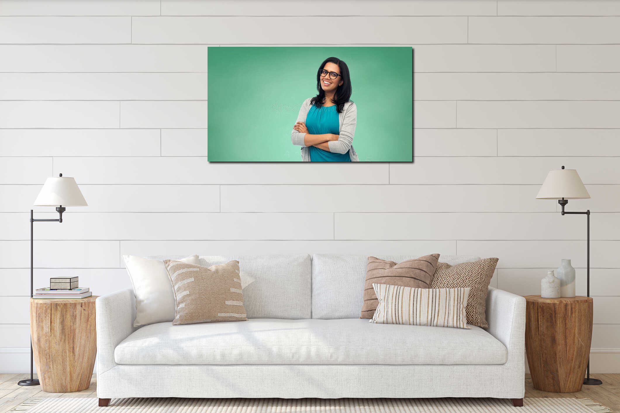 Happy smiling young indian woman in glasses interior mockup