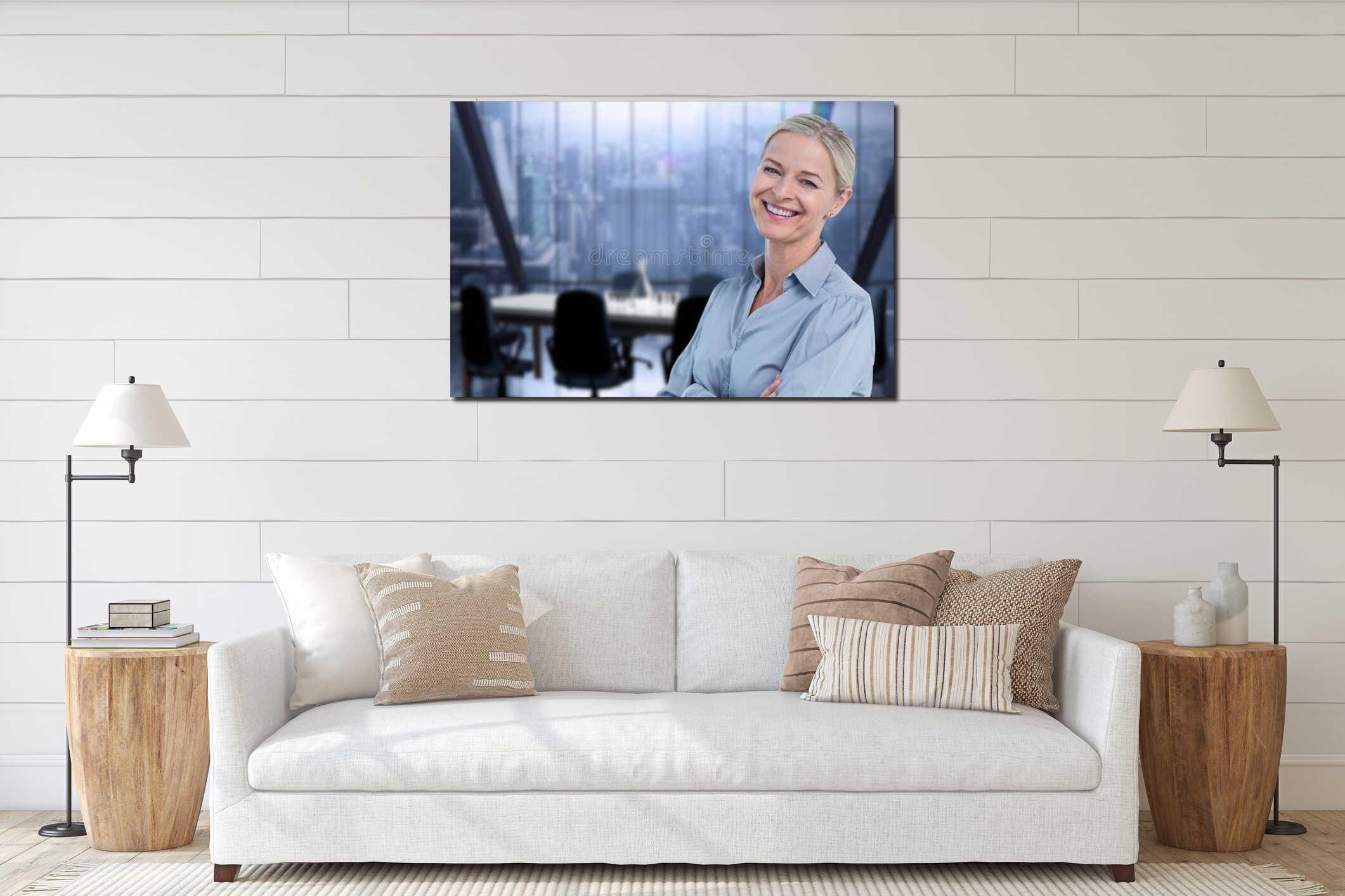 Smiling business woman in the office interior mockup