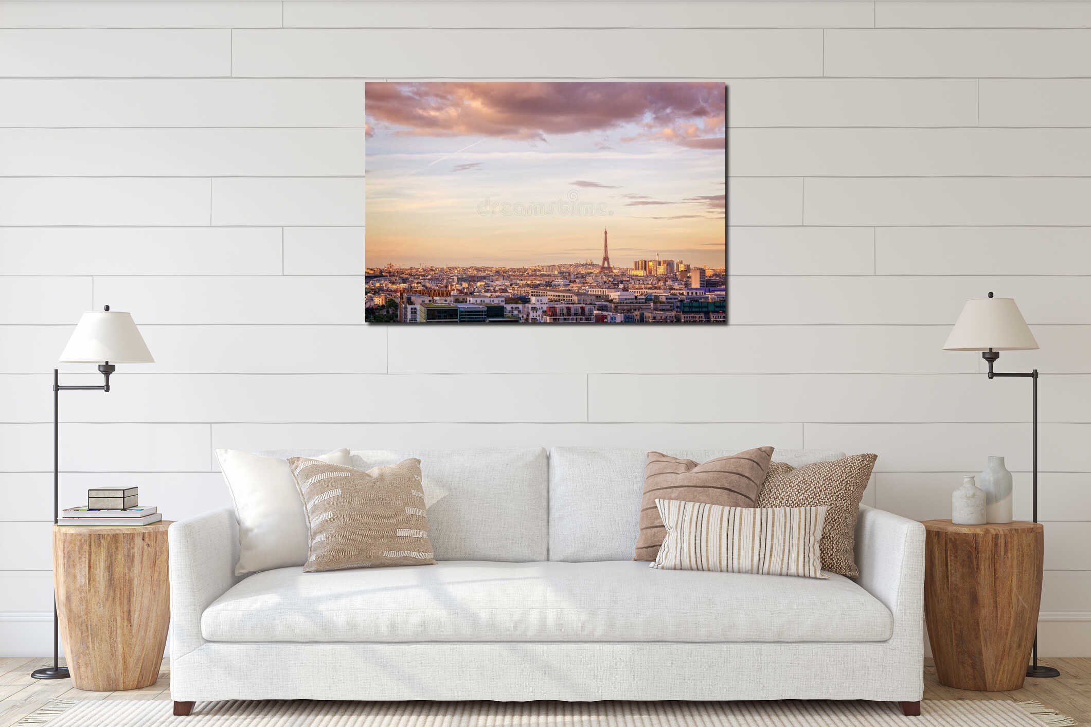 Aerial scenic view of Paris with the Eiffel tower at sunset, Montmartre in the background, France city travel concept interior mockup
