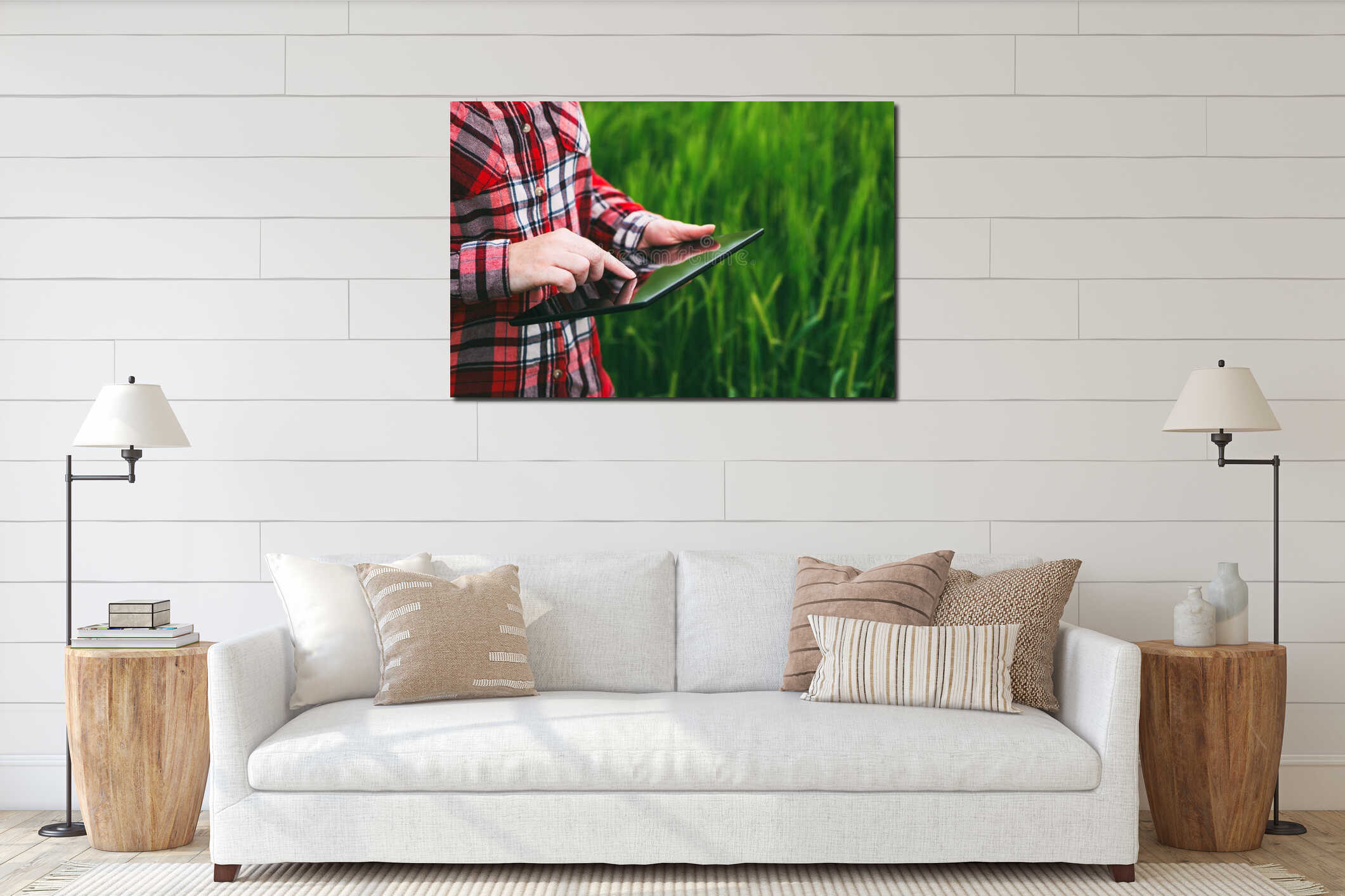 Female farmer using tablet computer in wheat crop field interior mockup